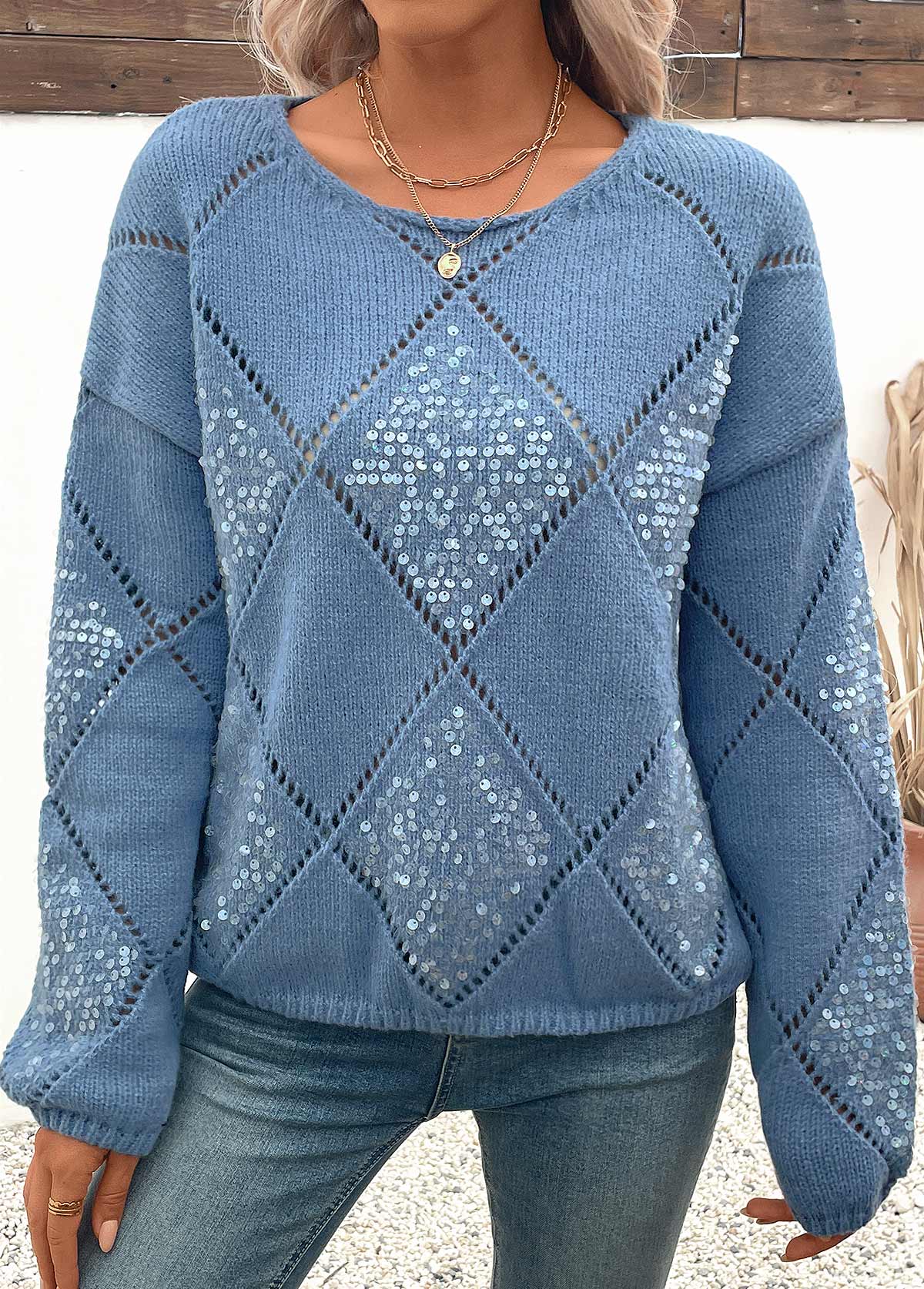 Dusty Blue tops,Plain Color tops,Tummy Coverage Dusty Blue Round Neck Long Sleeve Sweater