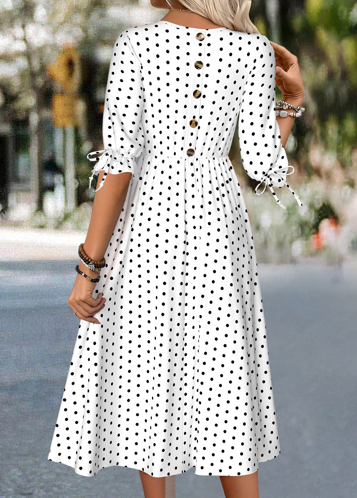 White dresses,Dot dresses,Everyday dresses,Casual dresses,ROTITA Polka Dot White Round Neck Half Sleeve Dress