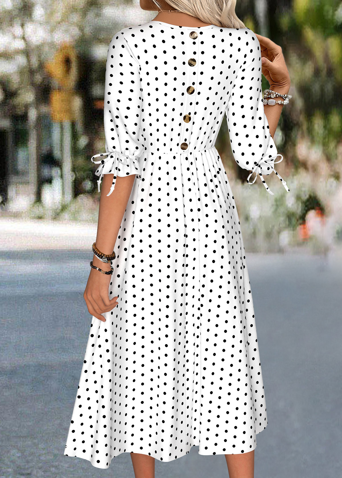 White dresses,Dot dresses,Everyday dresses,Casual dresses,ROTITA Polka Dot White Round Neck Half Sleeve Dress