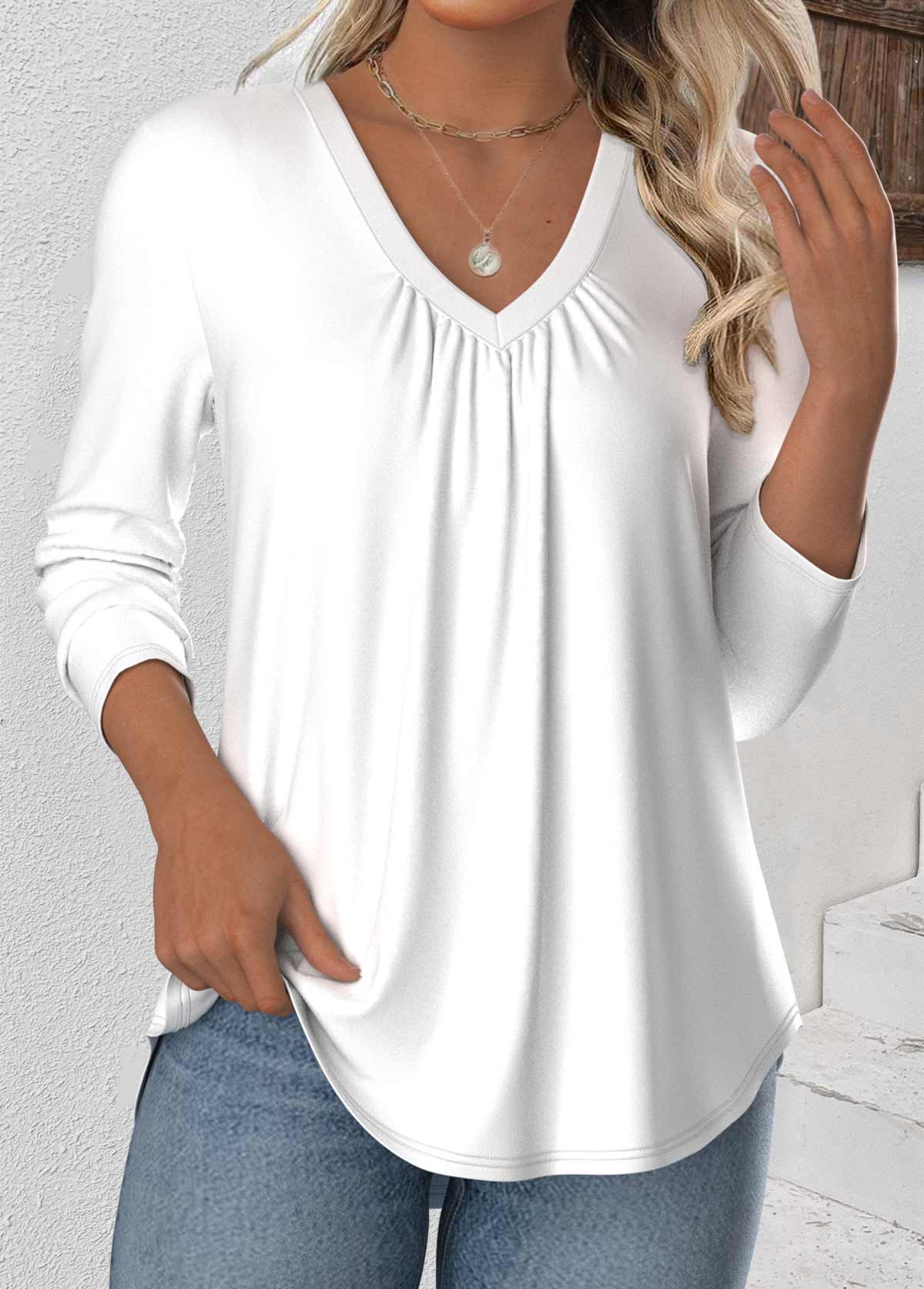 White tops,Plain Color tops,ROTITA White V Neck Long Sleeve T Shirt