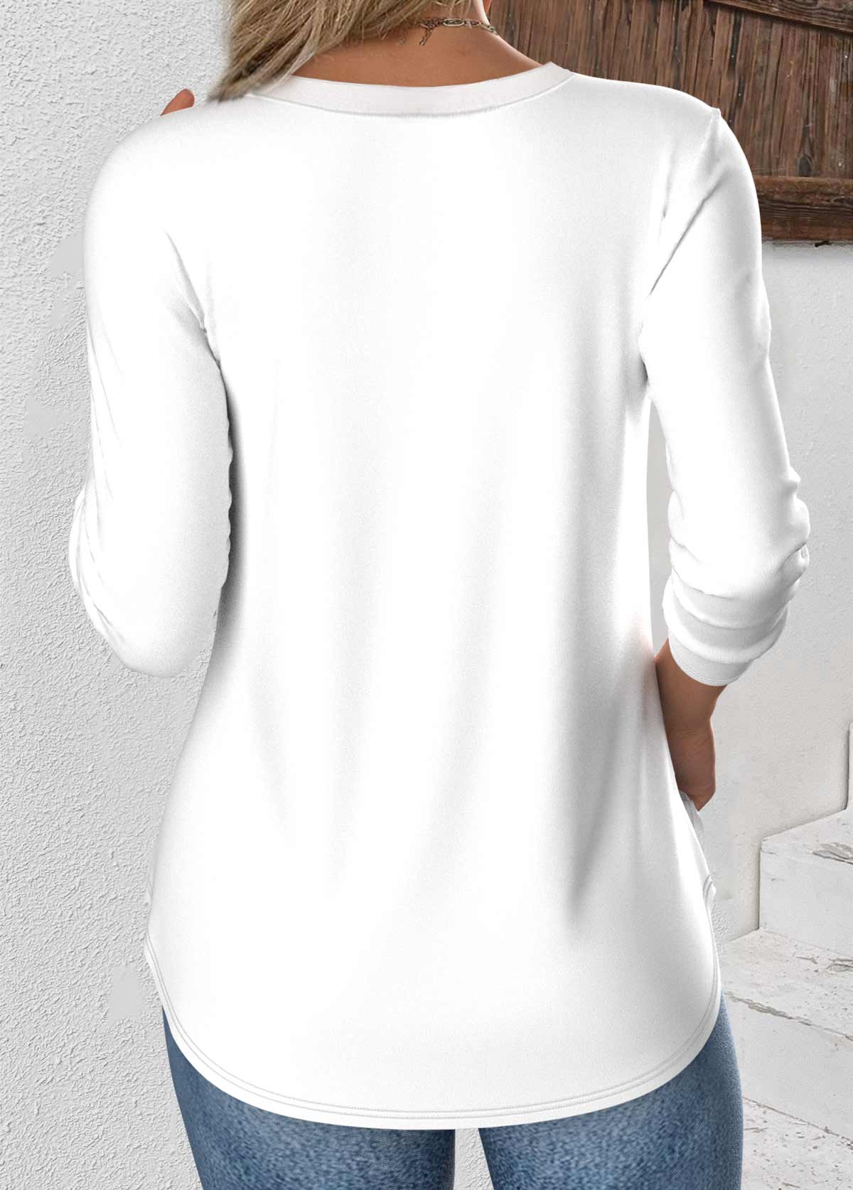 White tops,Plain Color tops,ROTITA White V Neck Long Sleeve T Shirt