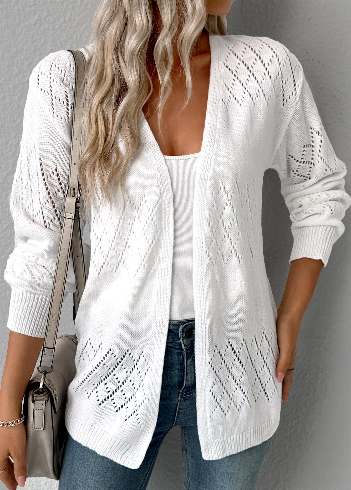 White tops,Plain Color tops,Tummy Coverage White Hollowedout Long Sleeve Cardigan