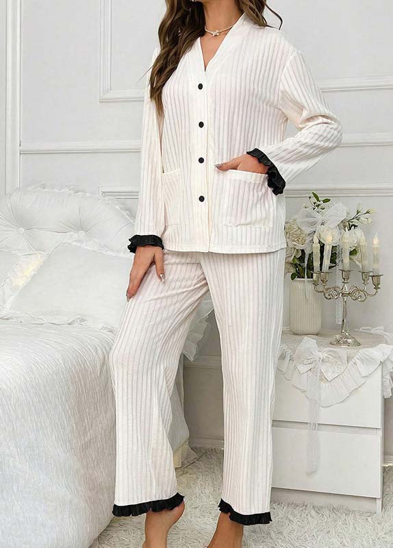 White loungewear,Contrast Color loungewear,White V Neck Long Sleeve Lounge Top and Pants