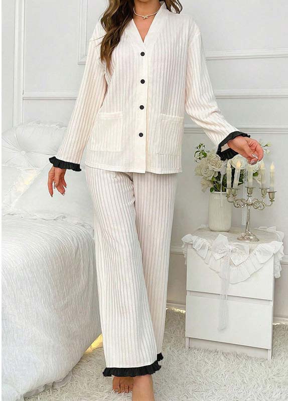 White loungewear,Contrast Color loungewear,White V Neck Long Sleeve Lounge Top and Pants