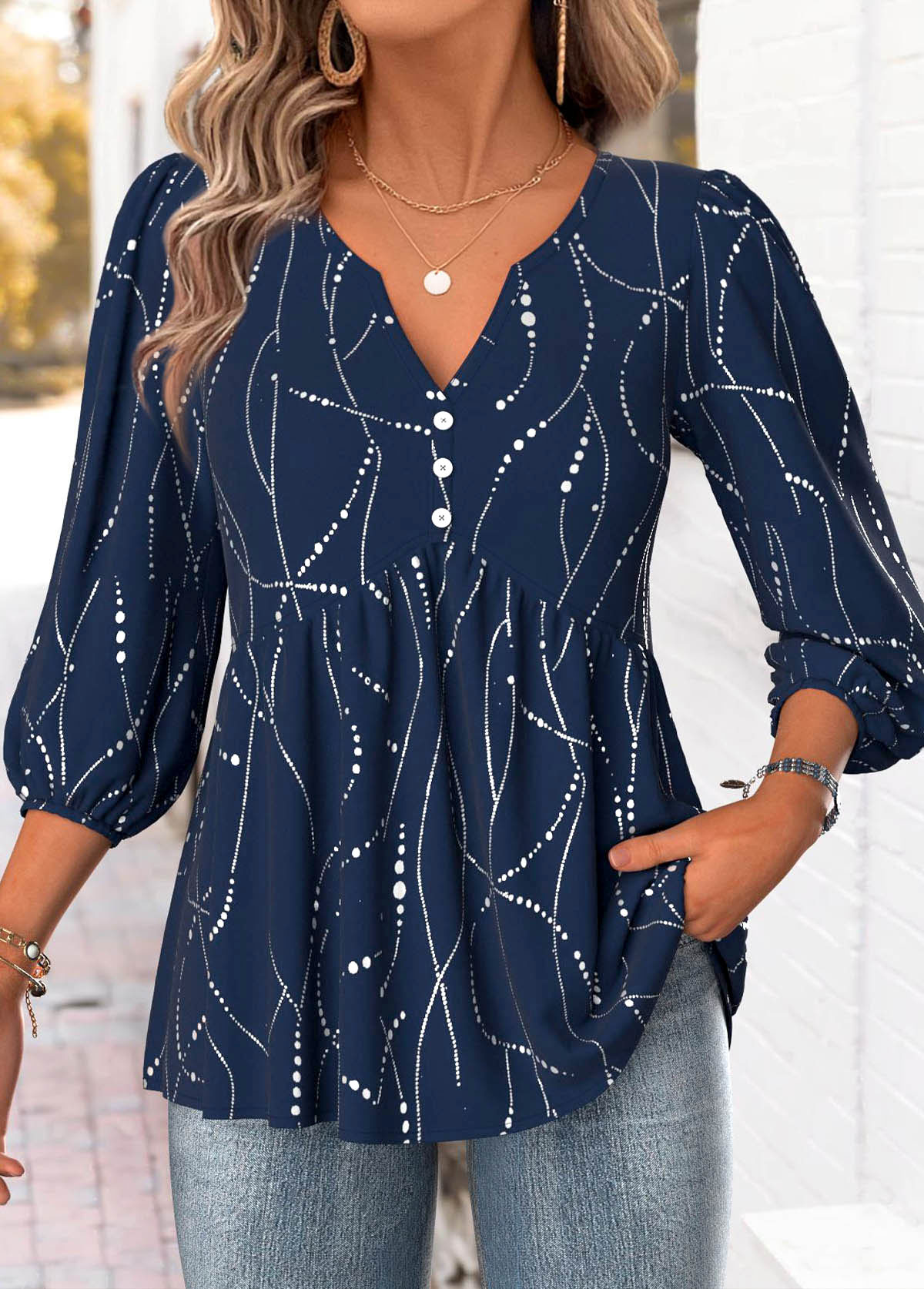 Navy tops,Geometric tops,Dot tops,ROTITA Geometric Print Navy Split Neck 3/4 Sleeve Blouse