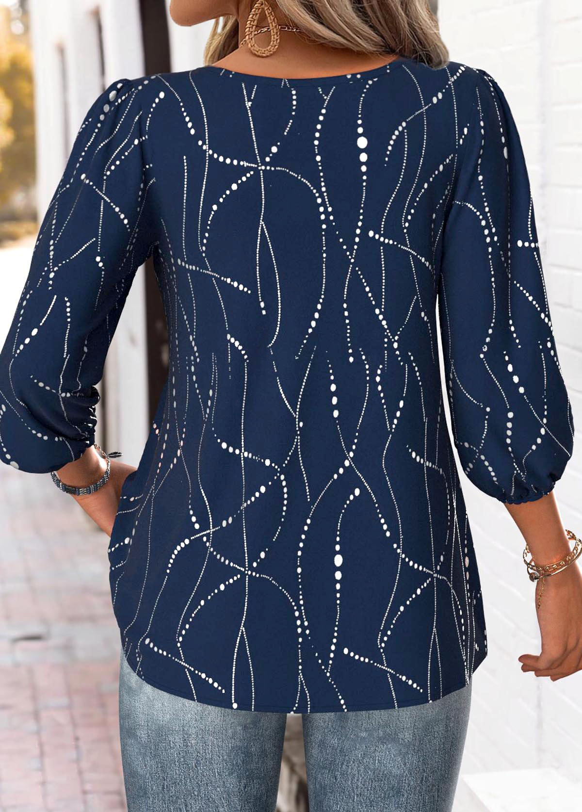 Navy tops,Geometric tops,Dot tops,ROTITA Geometric Print Navy Split Neck 3/4 Sleeve Blouse