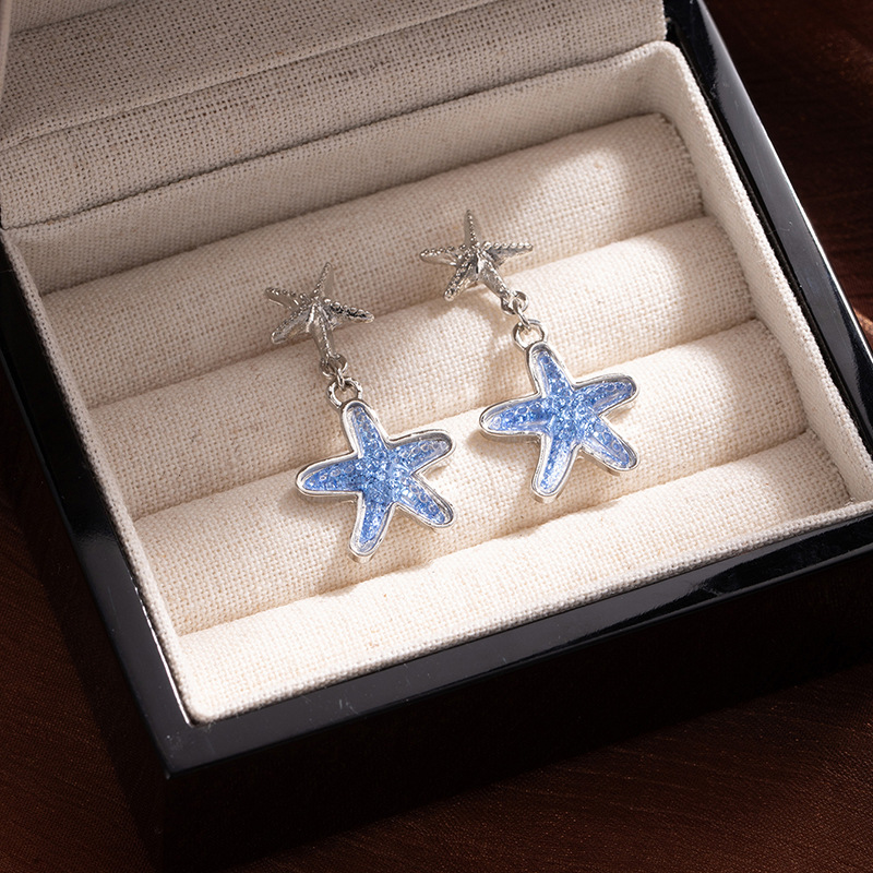 Blue jewelry,Blue Star Shape Alloy Detail Earrings