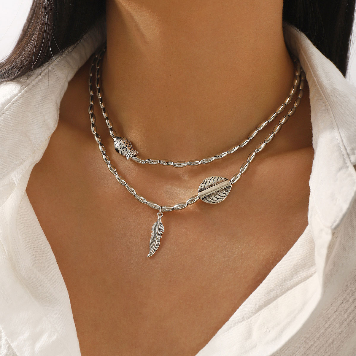 Silver jewelry,Silver Color Leaf Alloy Detail Necklace