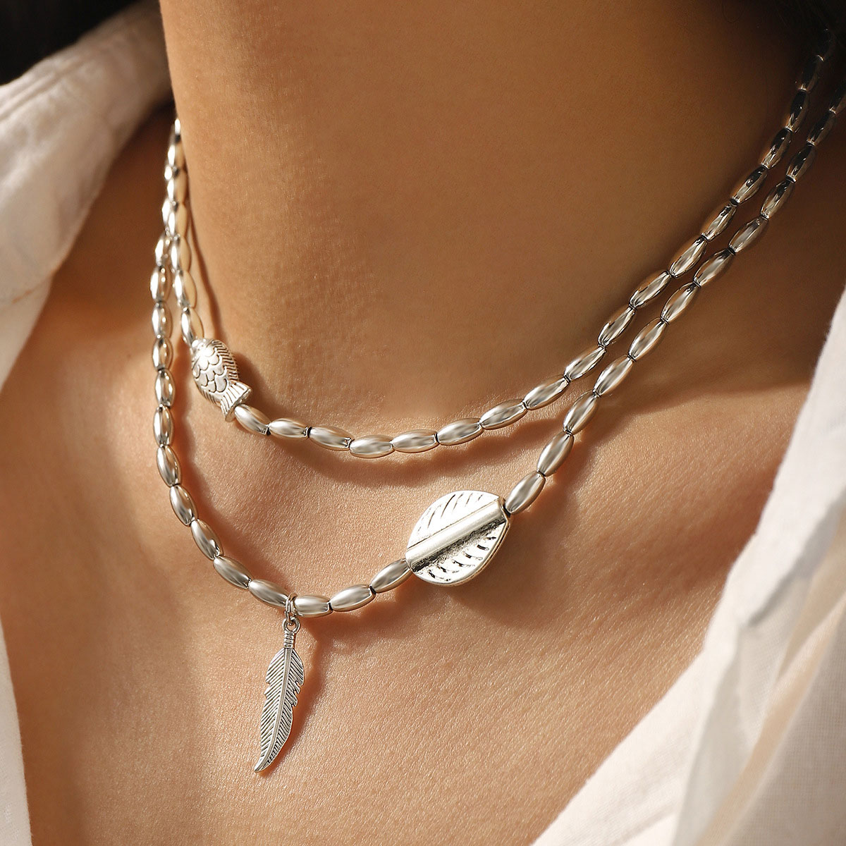 Silver jewelry,Silver Color Leaf Alloy Detail Necklace