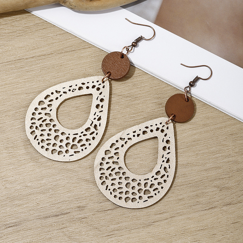 Beige jewelry,Other jewelry,Droplet Beige Faux Leather Hollow Earrings