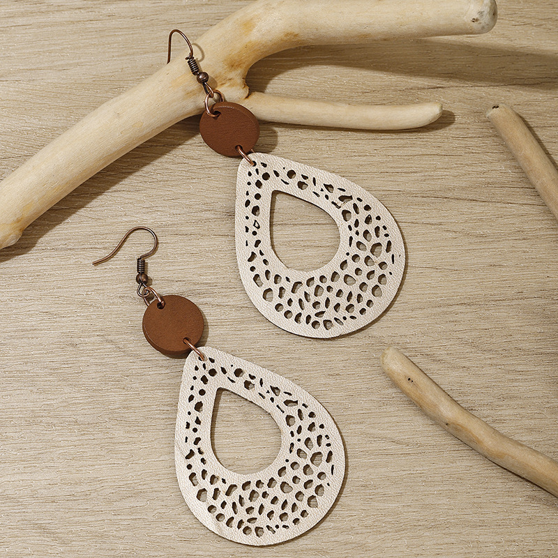 Beige jewelry,Other jewelry,Droplet Beige Faux Leather Hollow Earrings