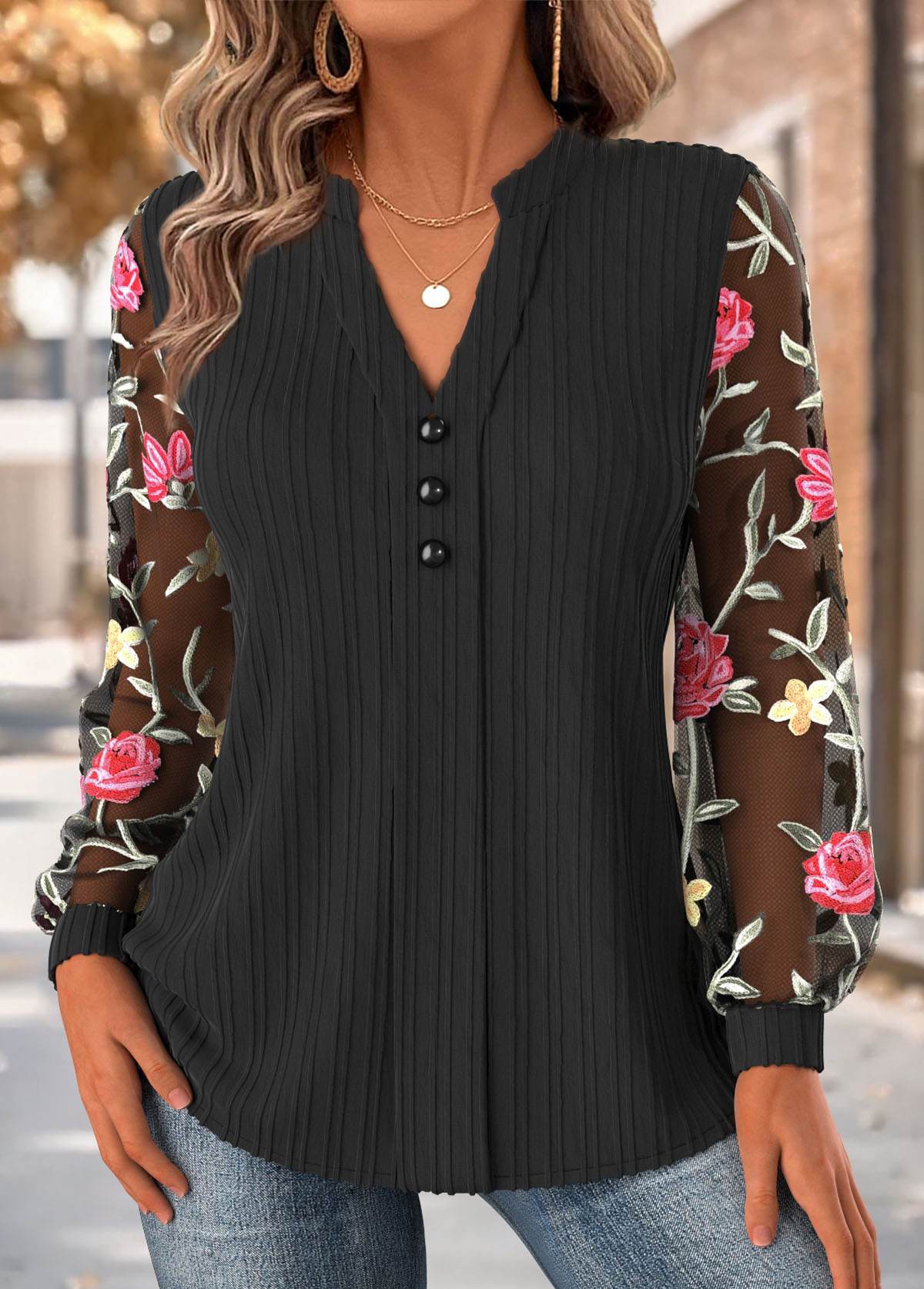 Black tops,Floral tops,Plants tops,ROTITA Floral Print Black Asymmetrical Neck Long Sleeve Blouse
