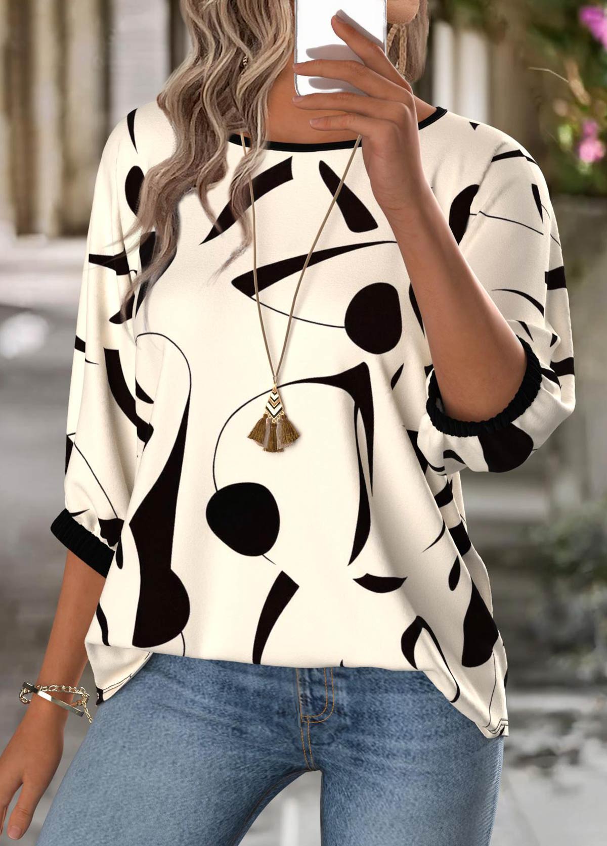 Beige tops,Geometric tops,ROTITA Geometric Print Beige Round Neck 3/4 Sleeve Blouse