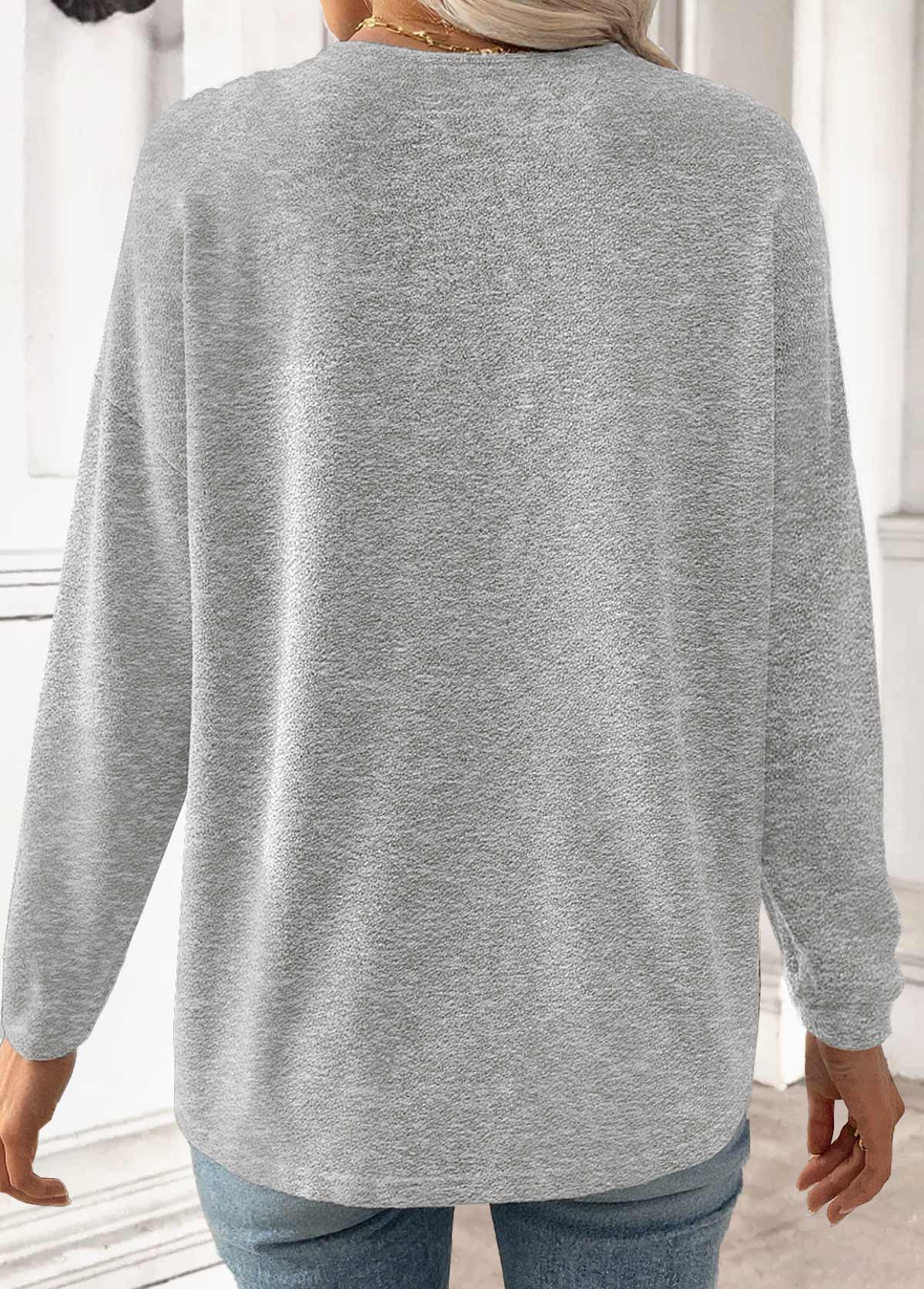 Light Grey tops,Plain Color tops,ROTITA Light Grey V Neck Long Sleeve T Shirt