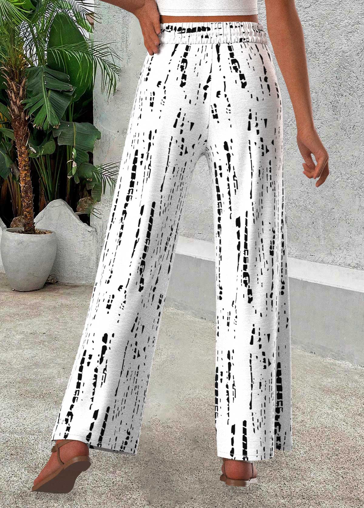 White bottoms,Geometric bottoms,Geometric Print White Wide Leg Elastic Waist Pants