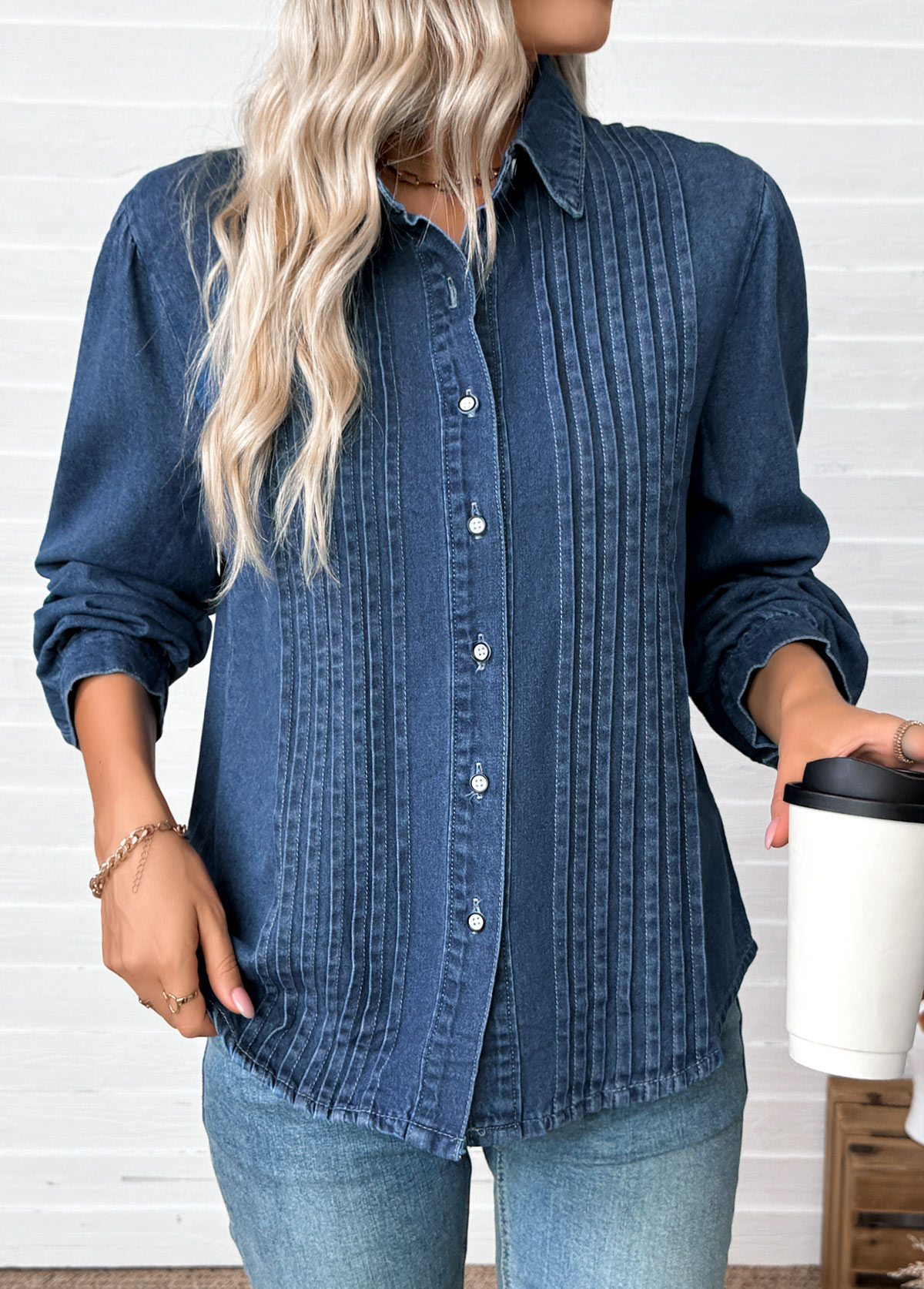 Denim Blue tops,Plain Color tops,Tummy Coverage Denim Blue Long Sleeve Shirt