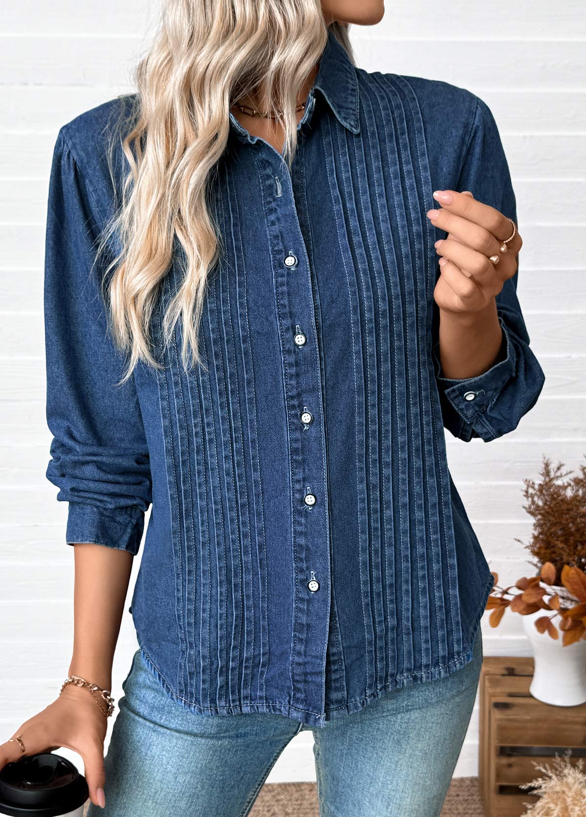 Denim Blue tops,Plain Color tops,Tummy Coverage Denim Blue Long Sleeve Shirt