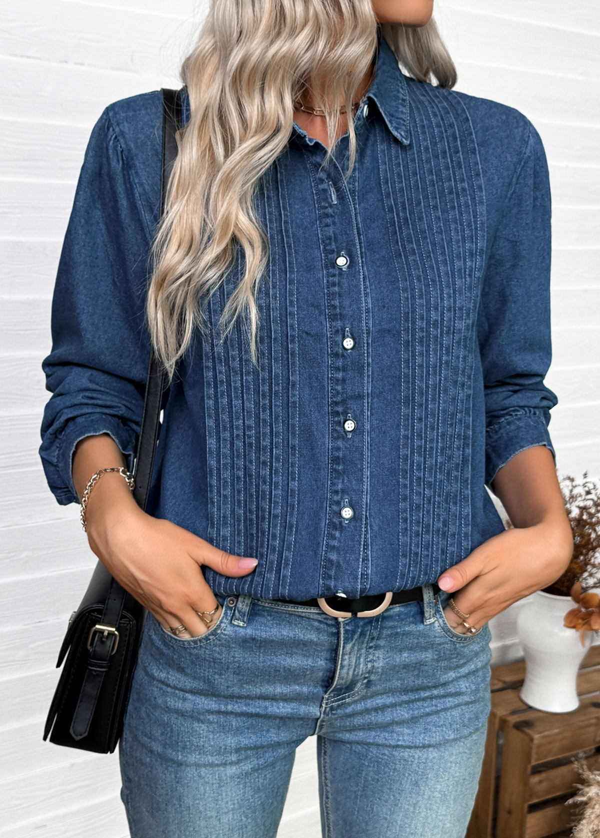Denim Blue tops,Plain Color tops,Tummy Coverage Denim Blue Long Sleeve Shirt