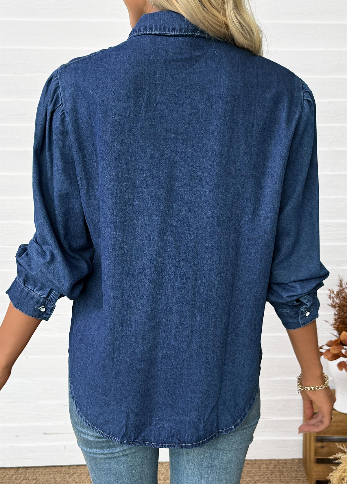 Denim Blue tops,Plain Color tops,Tummy Coverage Denim Blue Long Sleeve Shirt