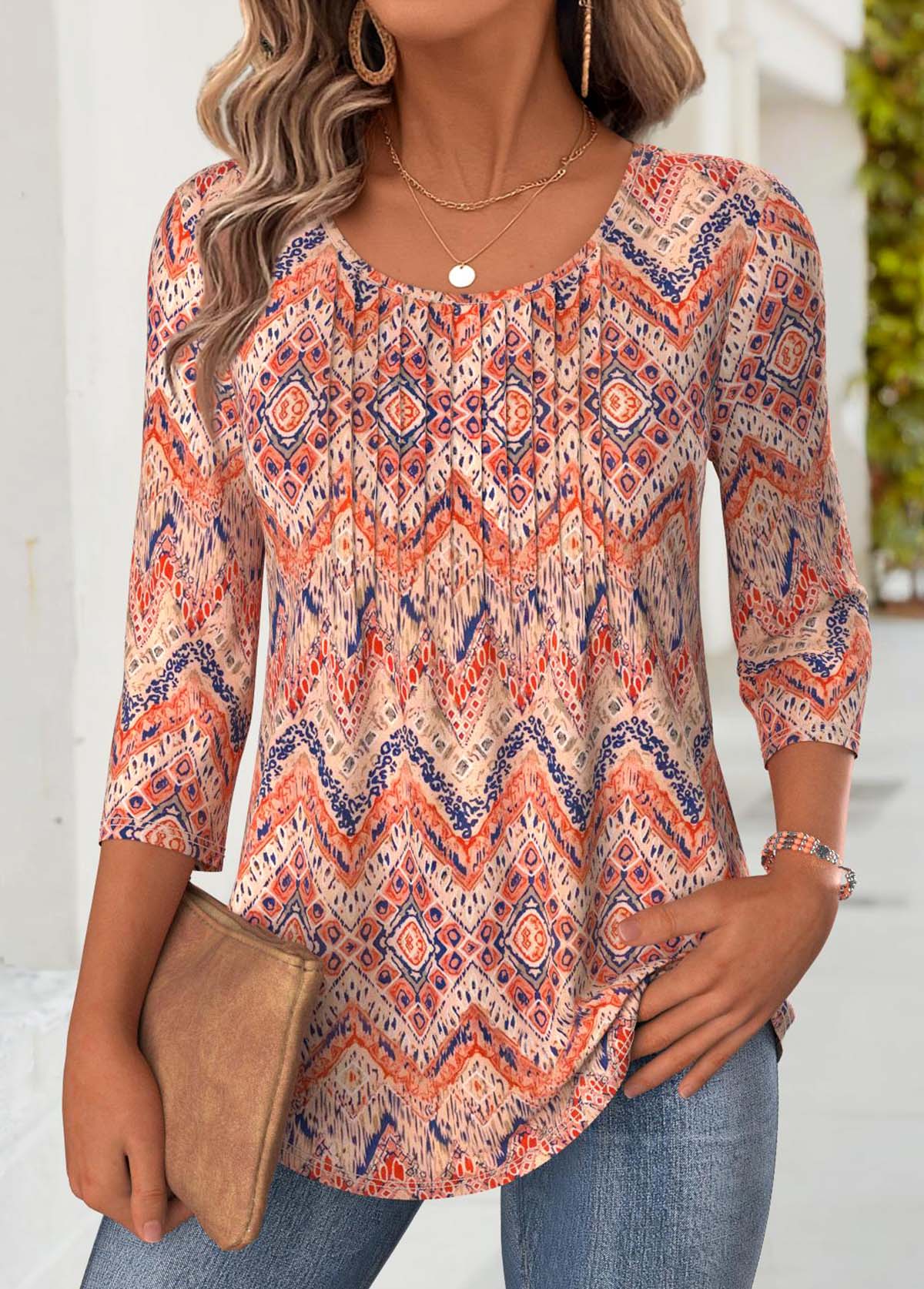 Multi Color tops,Tribal tops,ROTITA Tribal Print Multi Color Round Neck T Shirt