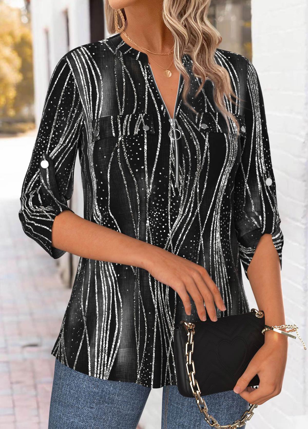 Black tops,Geometric tops,ROTITA Geometric Print Black Split Neck 3/4 Sleeve Blouse