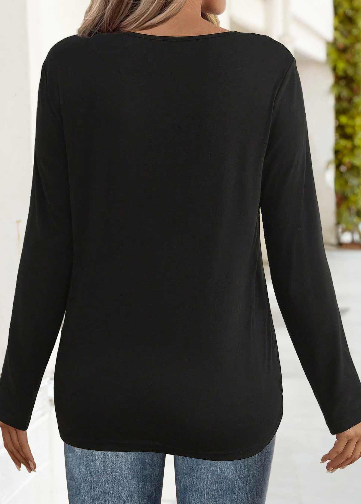 Black tops,Plain Color tops,ROTITA Black Square Neck 3/4 Sleeve T Shirt