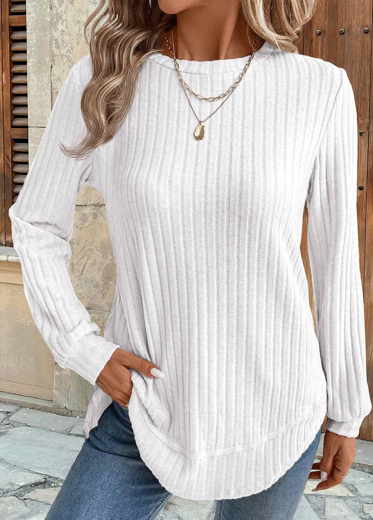 White tops,Plain Color tops,ROTITA White Round Neck Long Sleeve Sweatshirt