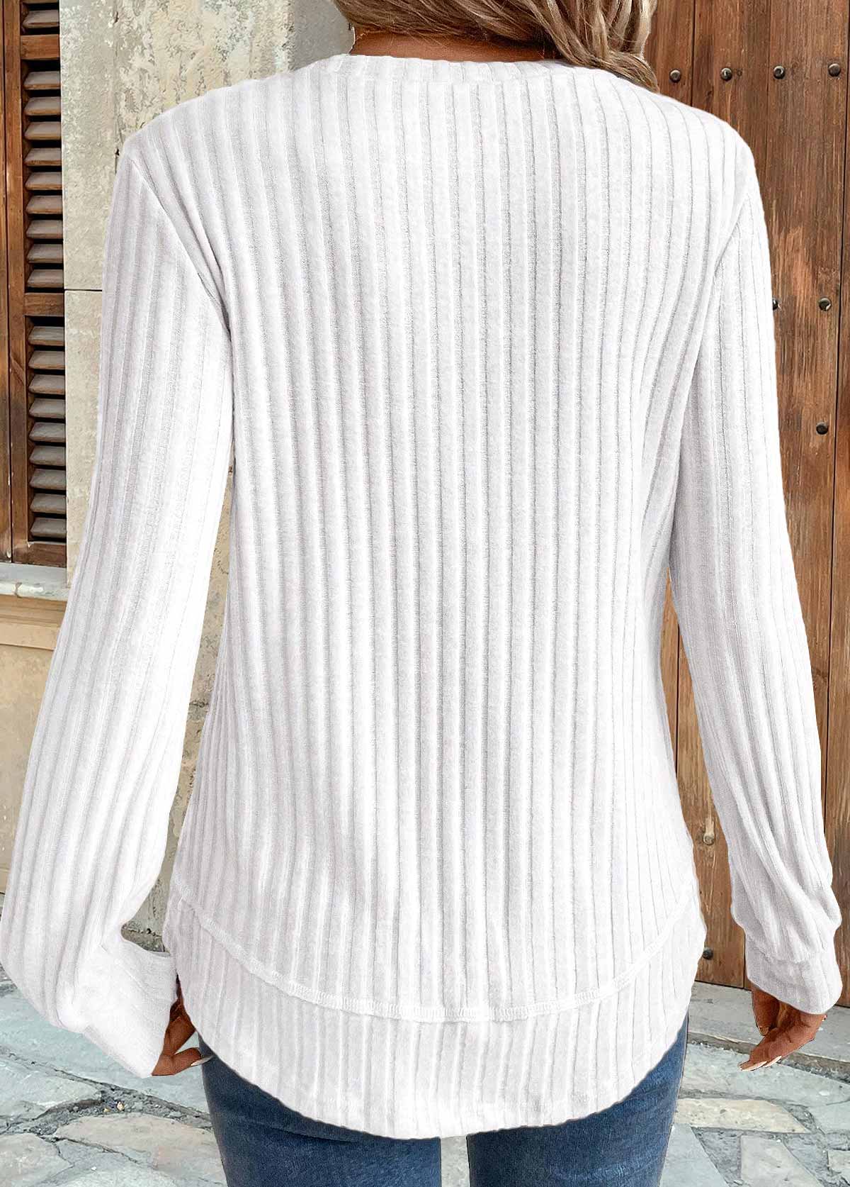 White tops,Plain Color tops,ROTITA White Round Neck Long Sleeve Sweatshirt