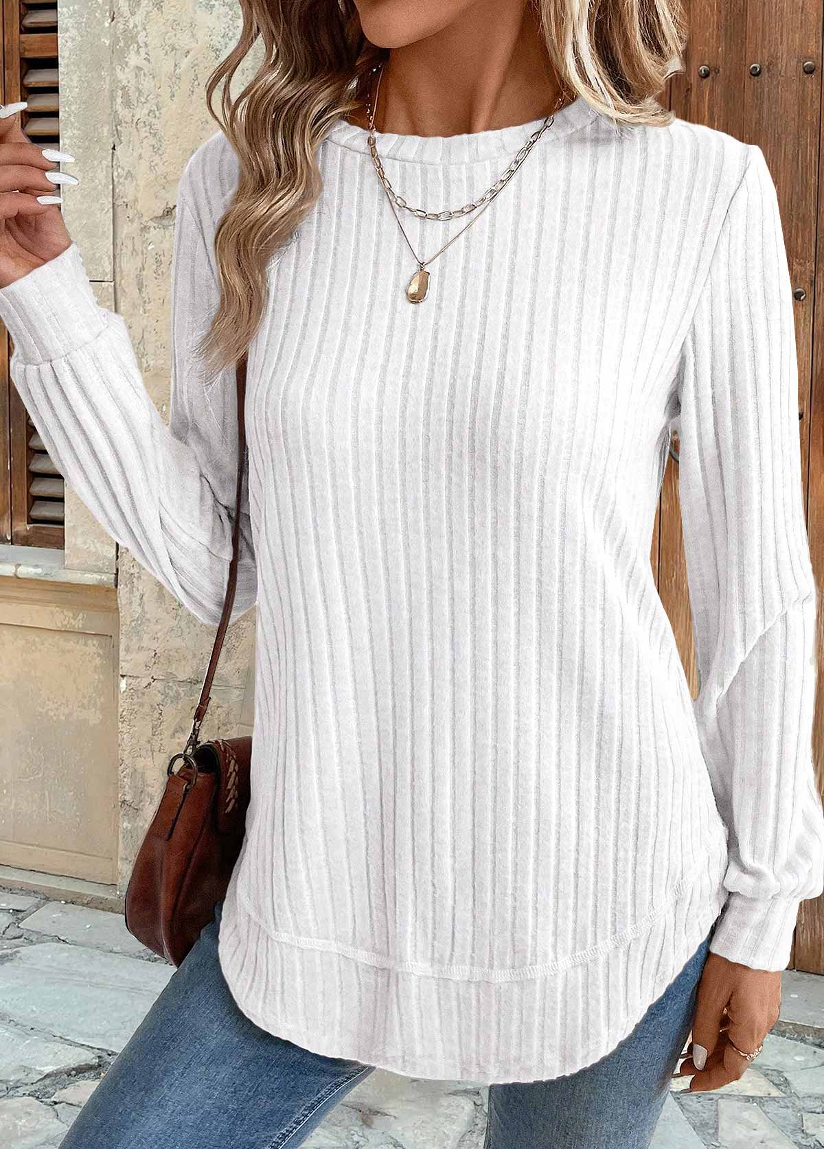White tops,Plain Color tops,ROTITA White Round Neck Long Sleeve Sweatshirt