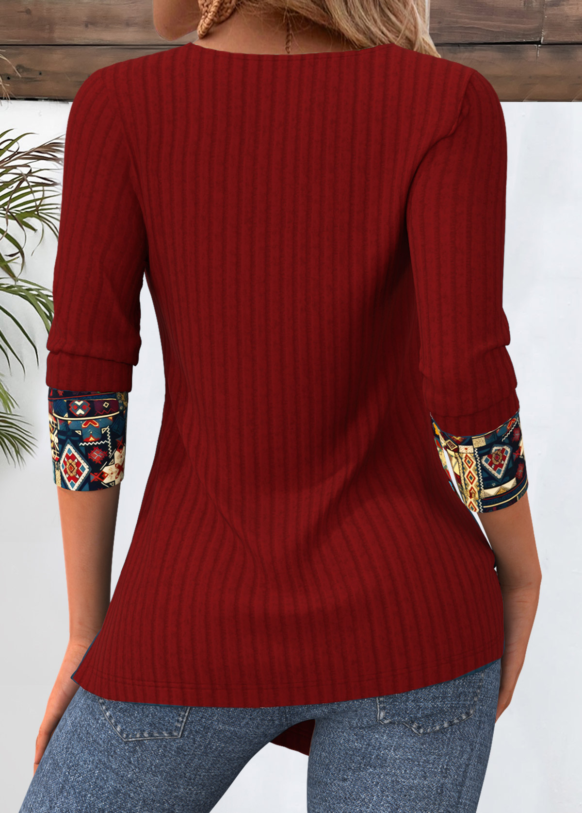 Deep Red tops,Tribal tops,ROTITA Tribal Print Peacock Blue Round Neck T Shirt