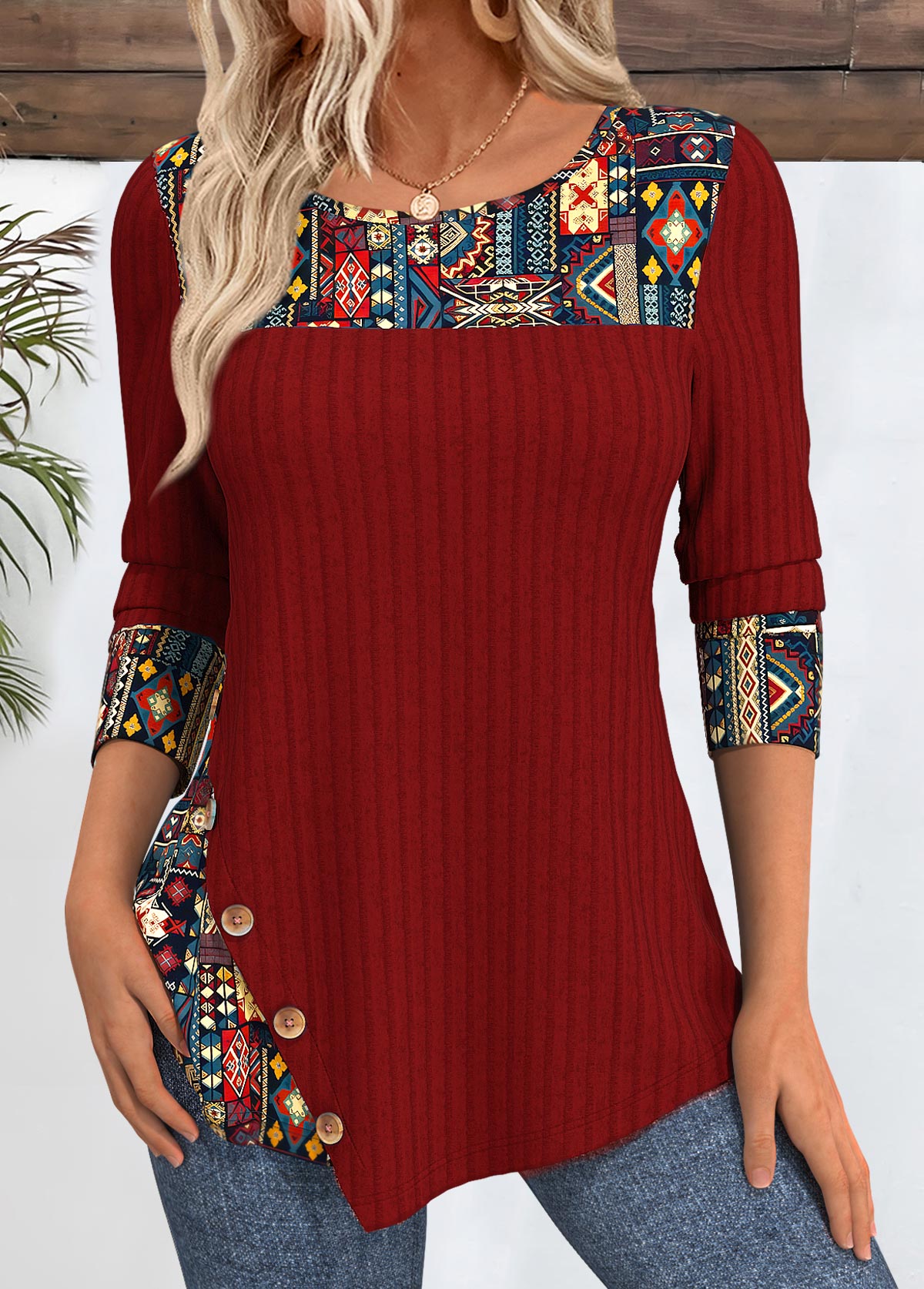 Deep Red tops,Tribal tops,ROTITA Tribal Print Peacock Blue Round Neck T Shirt