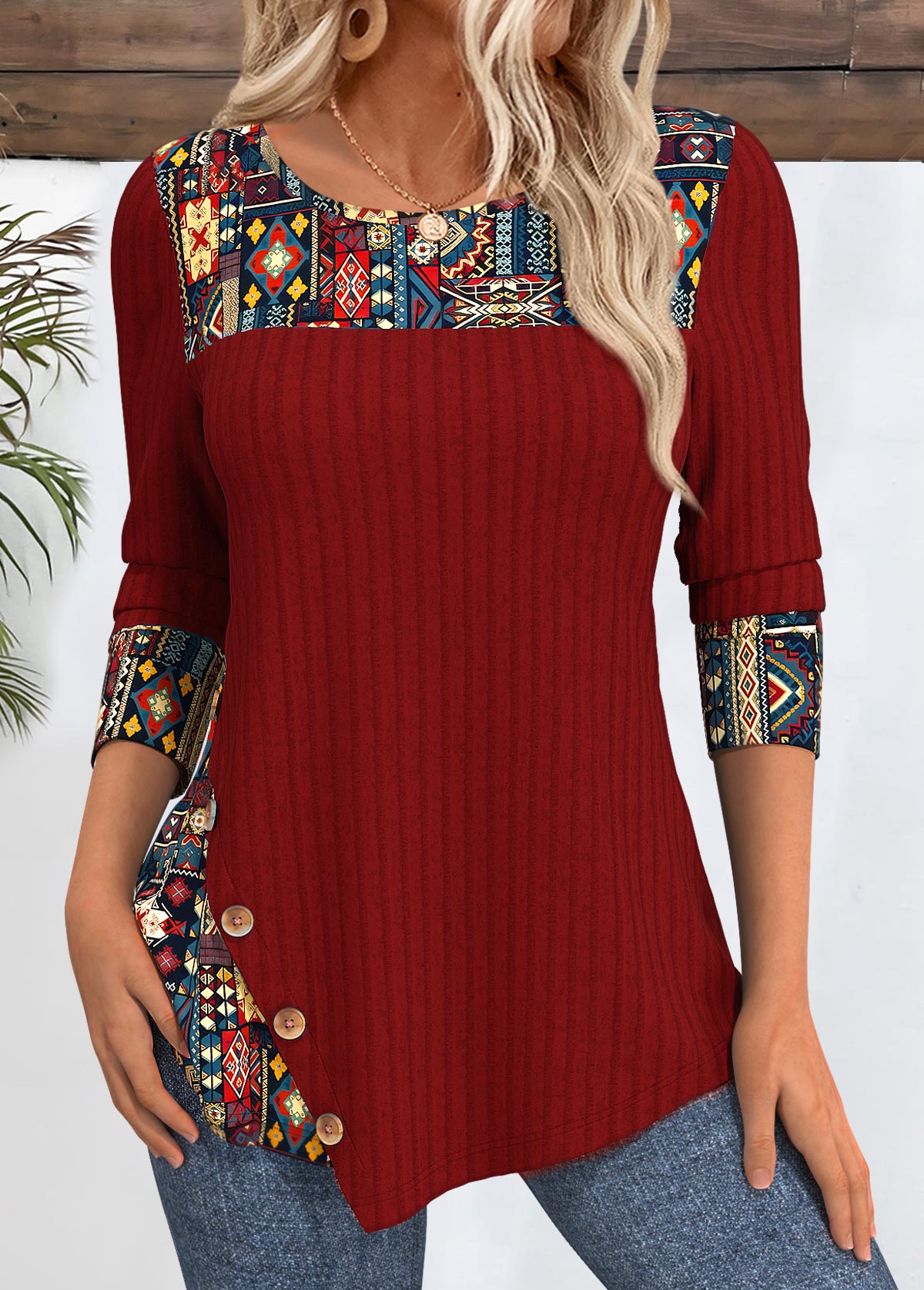 Deep Red tops,Tribal tops,ROTITA Tribal Print Peacock Blue Round Neck T Shirt