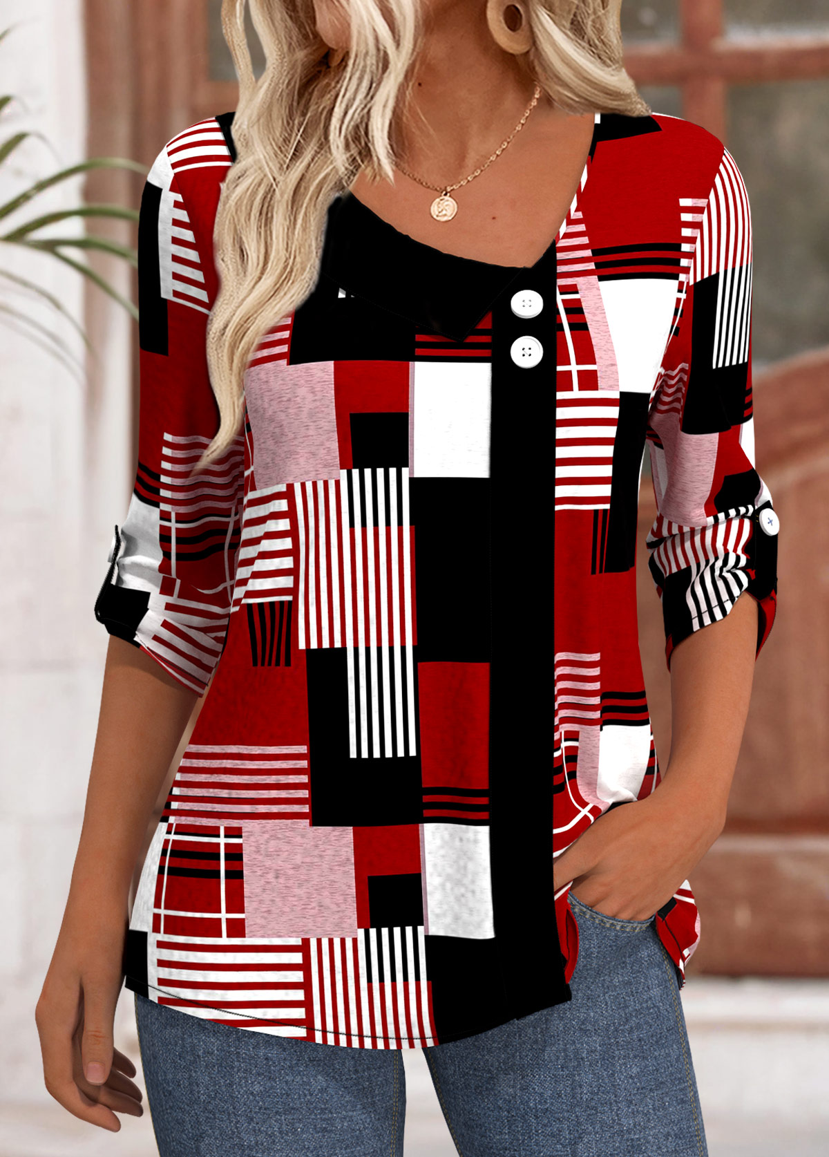 Deep Red tops,Geometric tops,ROTITA Geometric Print Deep Red T Shirt