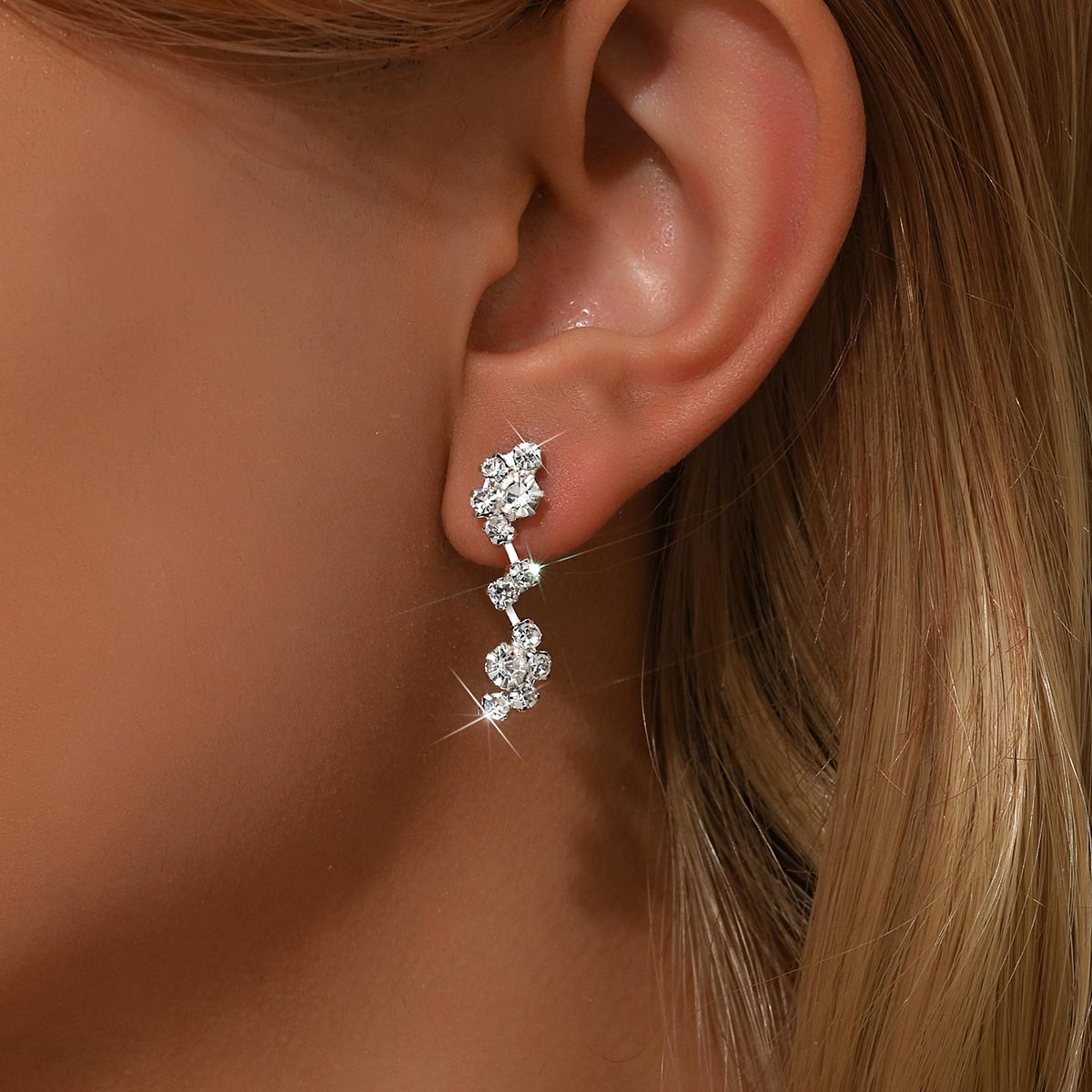 Silver jewelry,Silver Color Copper Detail Rhinestone Earrings
