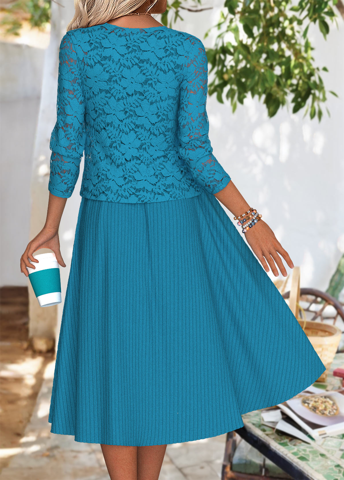 Peacock Blue dresses,Plain Color dresses,Everyday dresses,Casual dresses,ROTITA Peacock Blue Round Neck Long Sleeve Dress and Cardigan