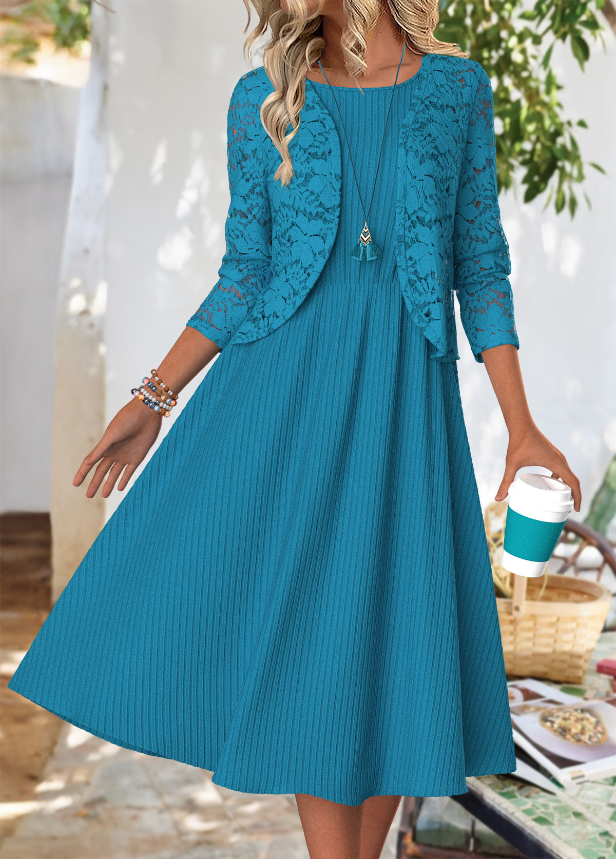 Peacock Blue dresses,Plain Color dresses,Everyday dresses,Casual dresses,ROTITA Peacock Blue Round Neck Long Sleeve Dress and Cardigan