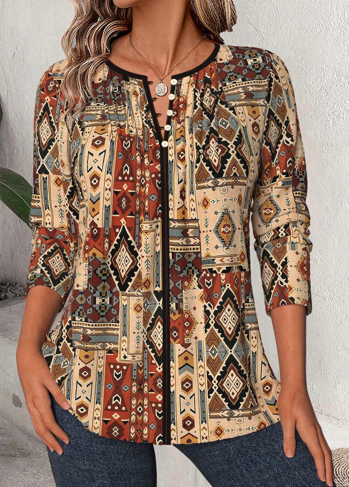 Dark Camel tops,Tribal tops,ROTITA Tribal Print Dark Camel Split Neck 3/4 Sleeve Blouse