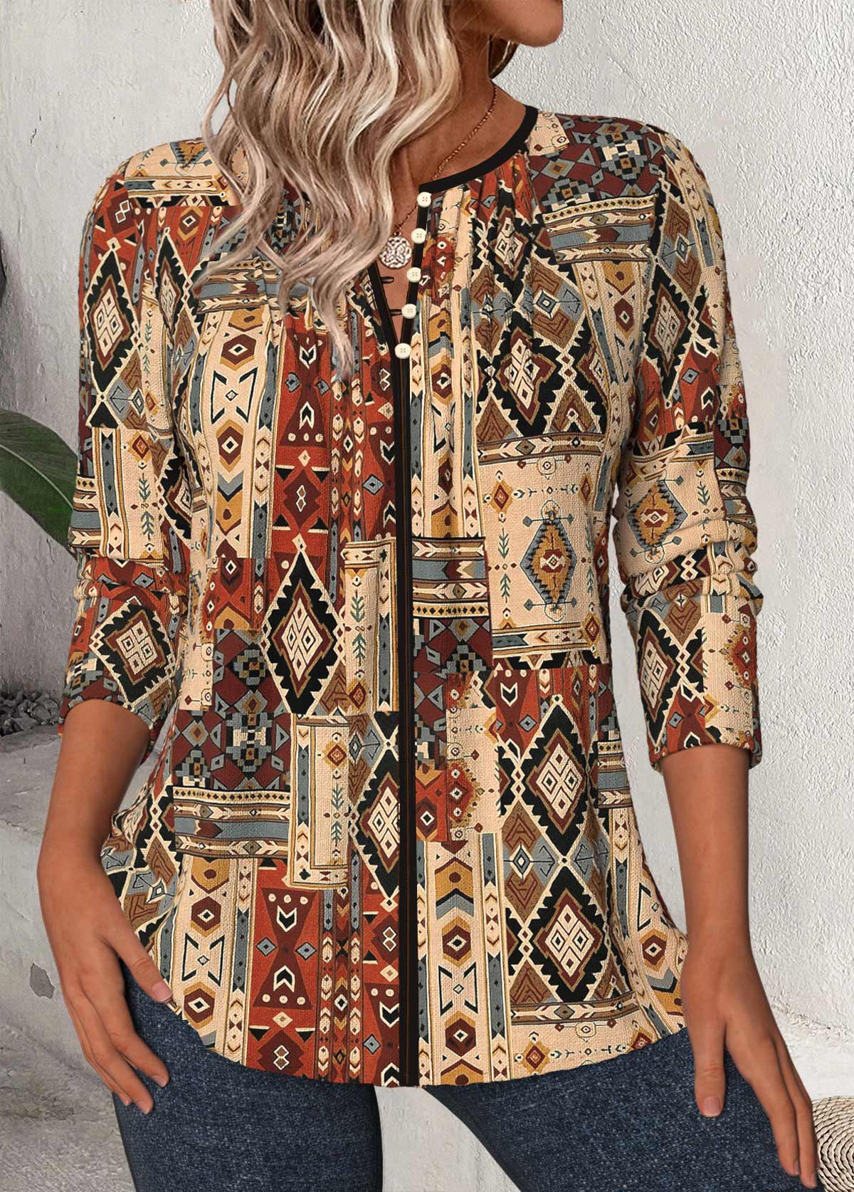 Dark Camel tops,Tribal tops,ROTITA Tribal Print Dark Camel Split Neck 3/4 Sleeve Blouse