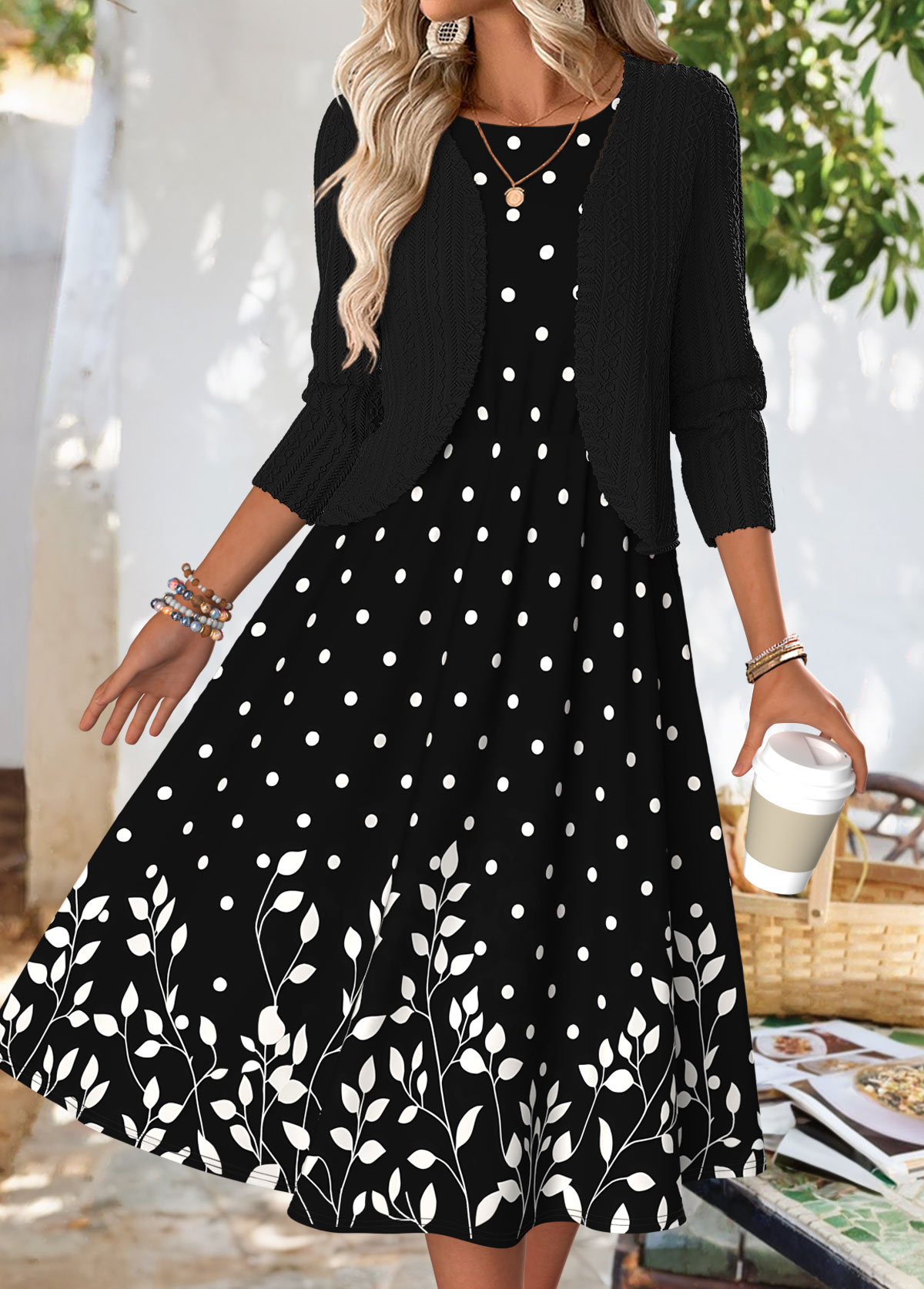 Black dresses,Plants dresses,Dot dresses,Everyday dresses,Casual dresses,ROTITA Tummy Coverage Floral Print Black Dress and Cardigan