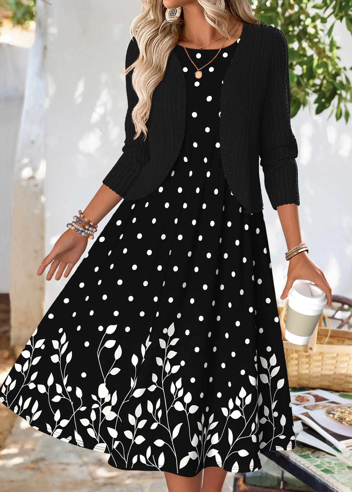 Black dresses,Plants dresses,Dot dresses,Everyday dresses,Casual dresses,ROTITA Tummy Coverage Floral Print Black Dress and Cardigan
