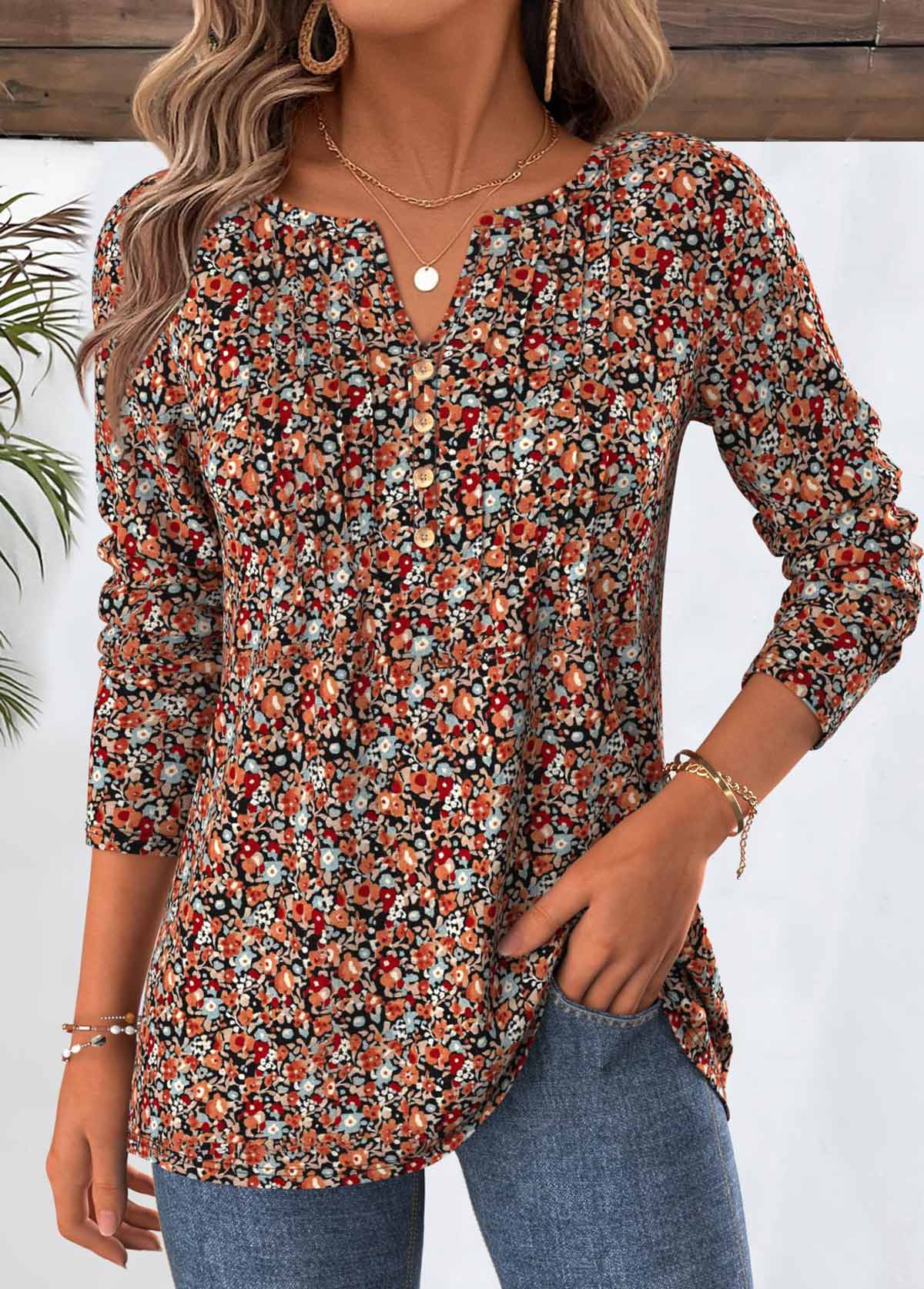 Multi Color tops,Ditsy Floral tops,ROTITA Ditsy Floral Print Multi Color Split Neck T Shirt
