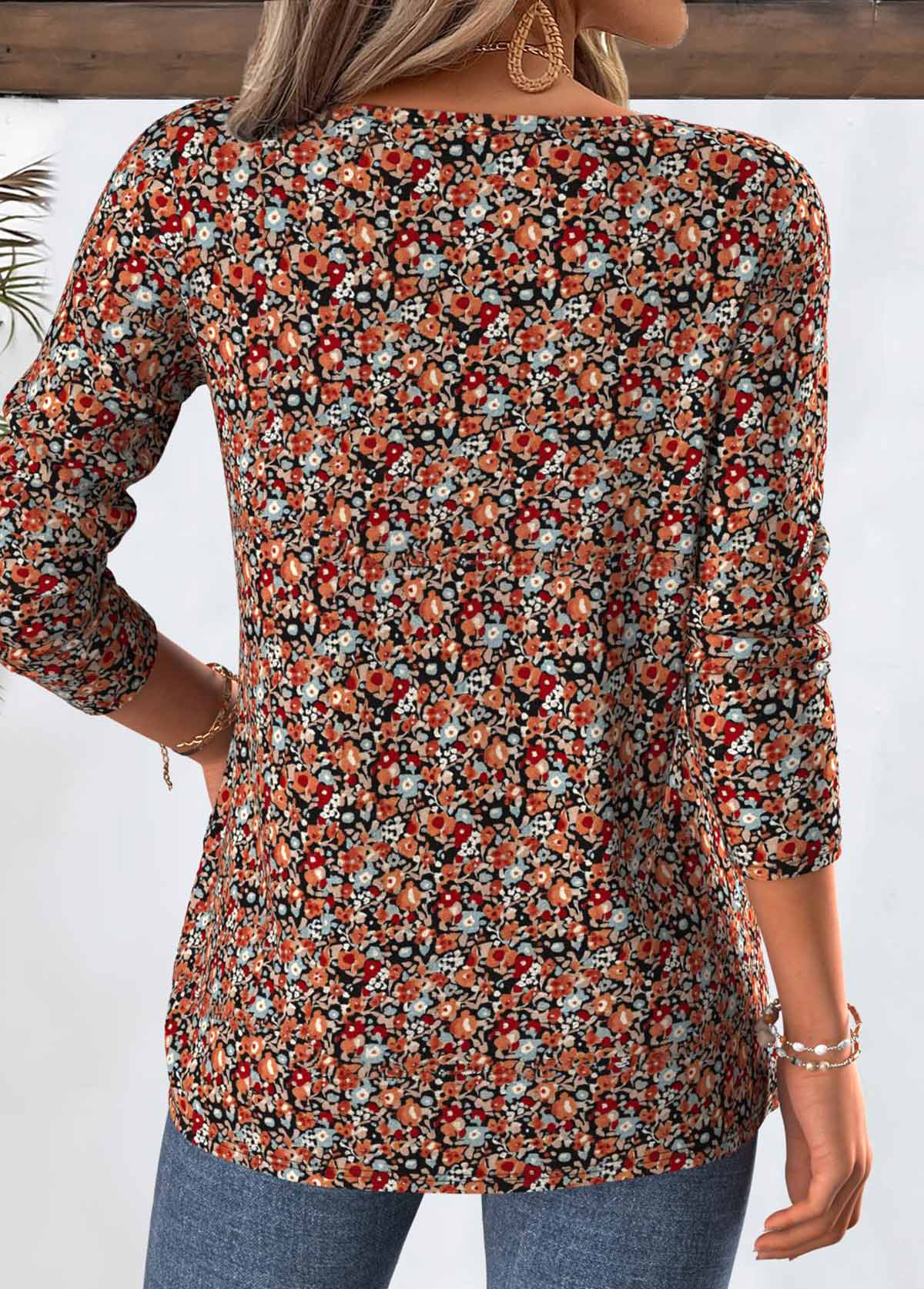 Multi Color tops,Ditsy Floral tops,ROTITA Ditsy Floral Print Multi Color Split Neck T Shirt