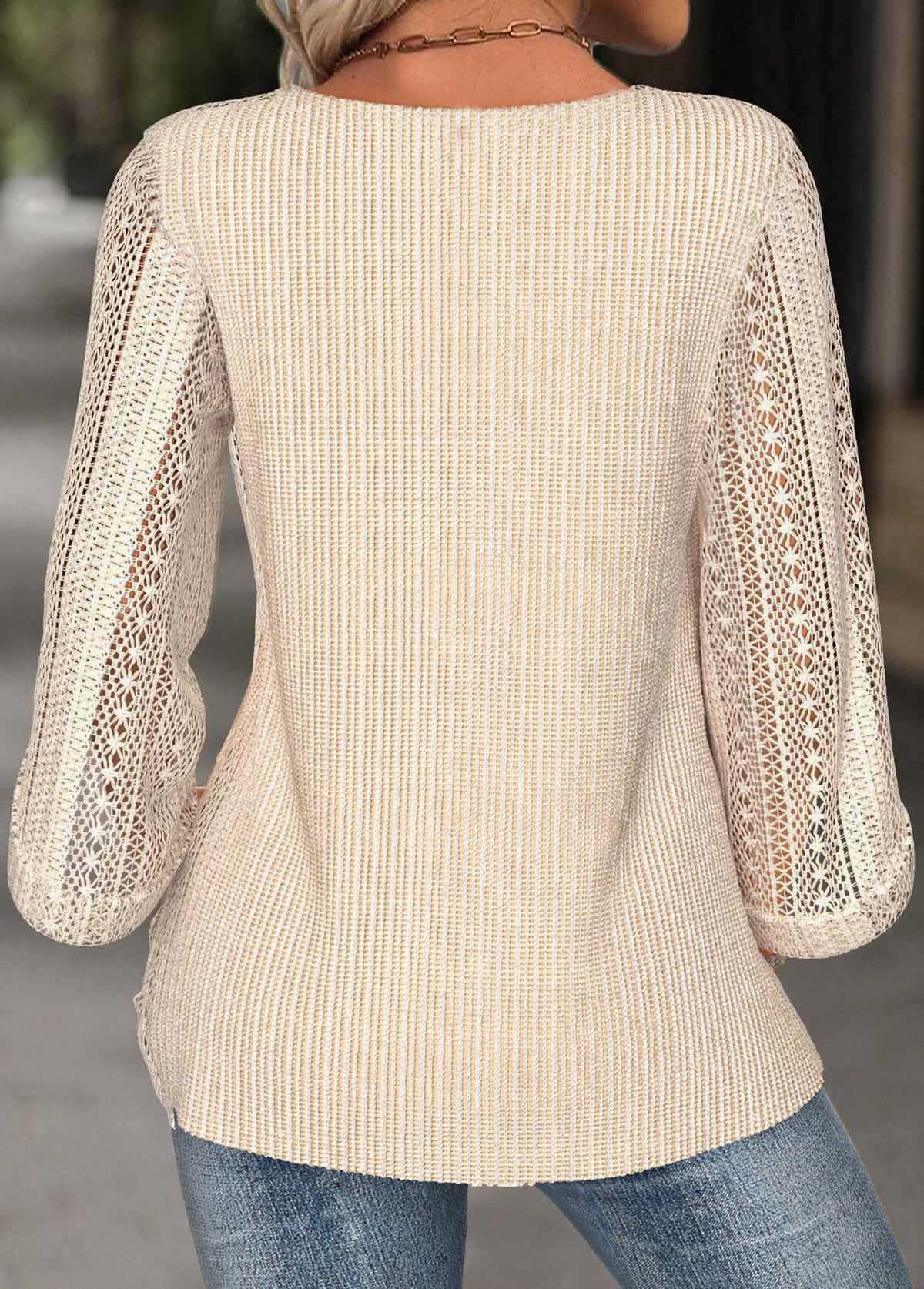 Beige tops,Plain Color tops,ROTITA Beige Round Neck 3/4 Sleeve Blouse