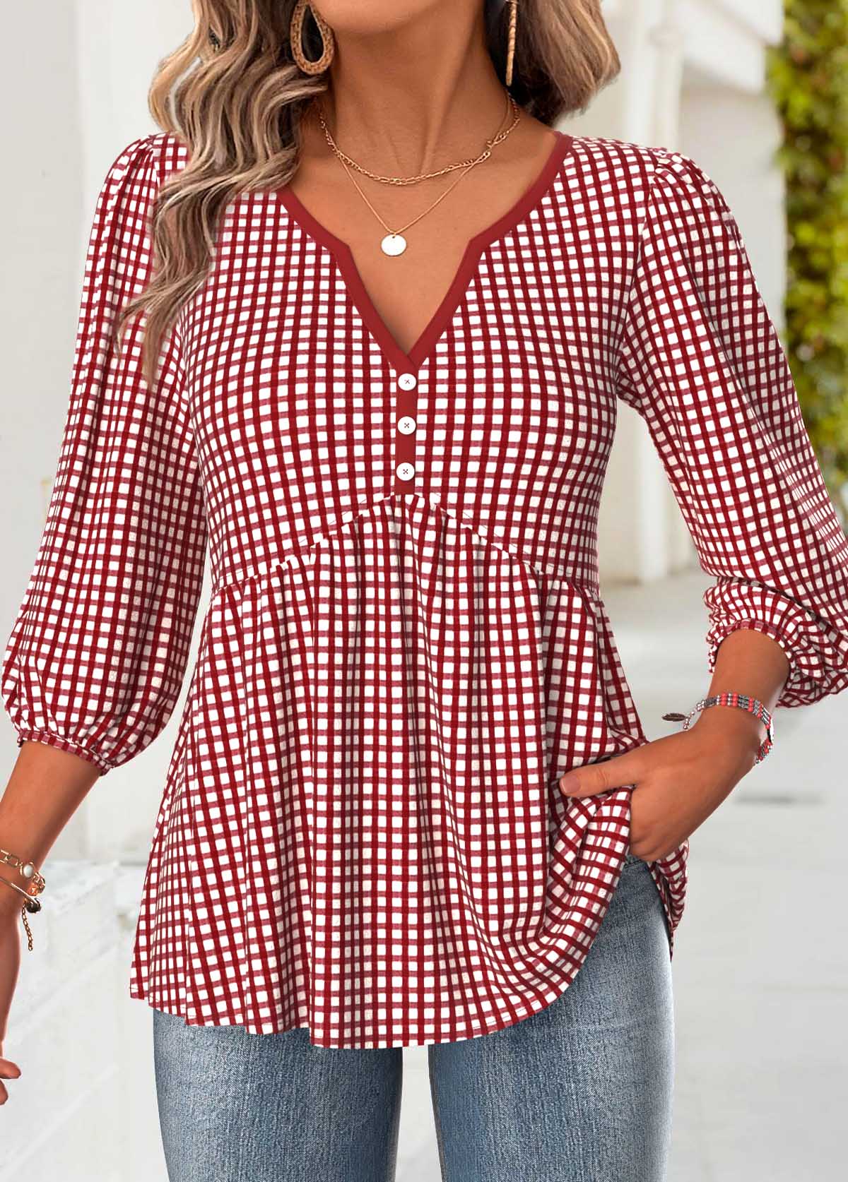 Red tops,Plaid tops,Geometric tops,ROTITA Plaid Red Split Neck 3/4 Sleeve Blouse