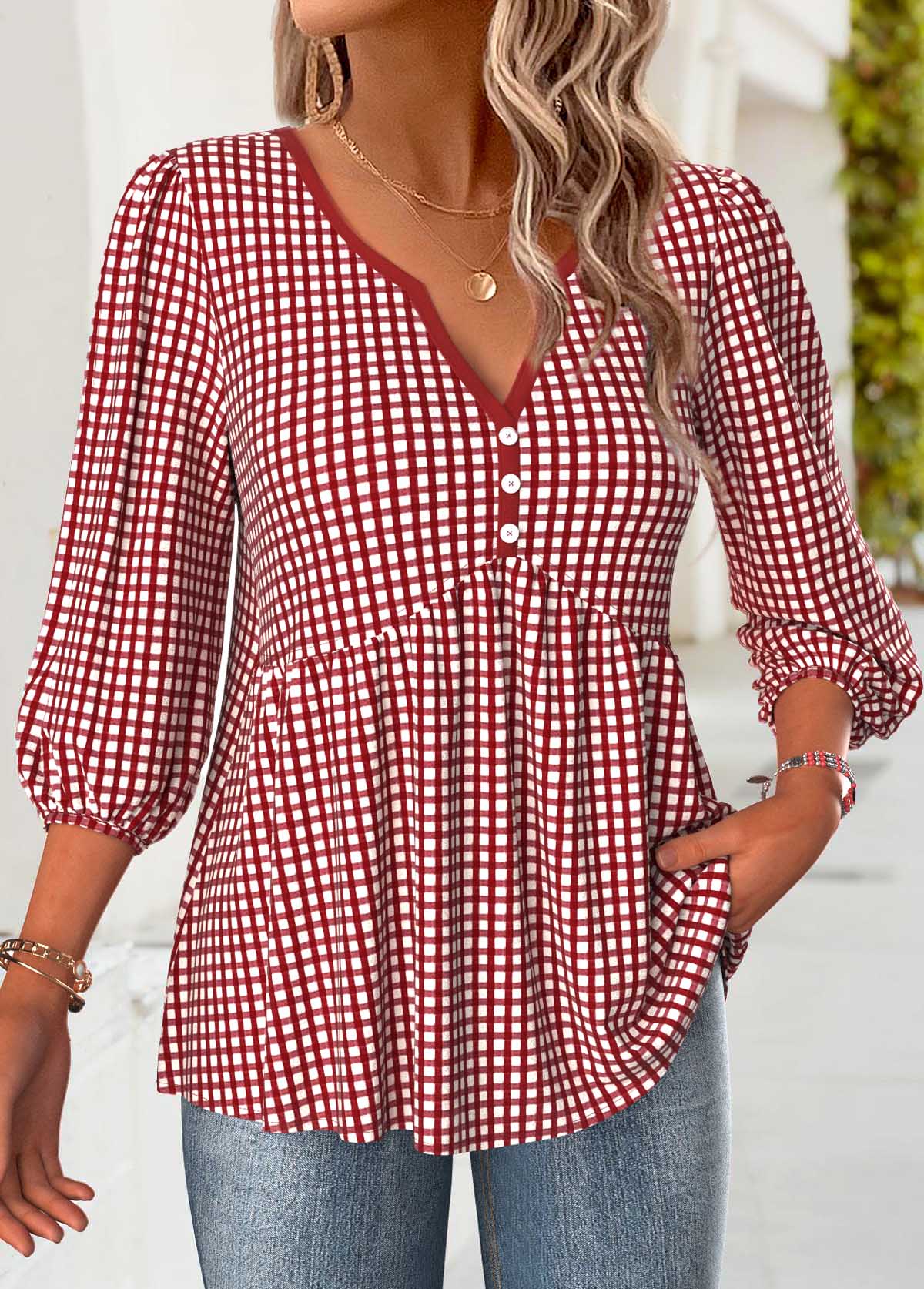 Red tops,Plaid tops,Geometric tops,ROTITA Plaid Red Split Neck 3/4 Sleeve Blouse