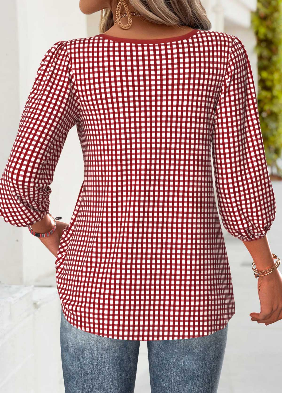 Red tops,Plaid tops,Geometric tops,ROTITA Plaid Red Split Neck 3/4 Sleeve Blouse