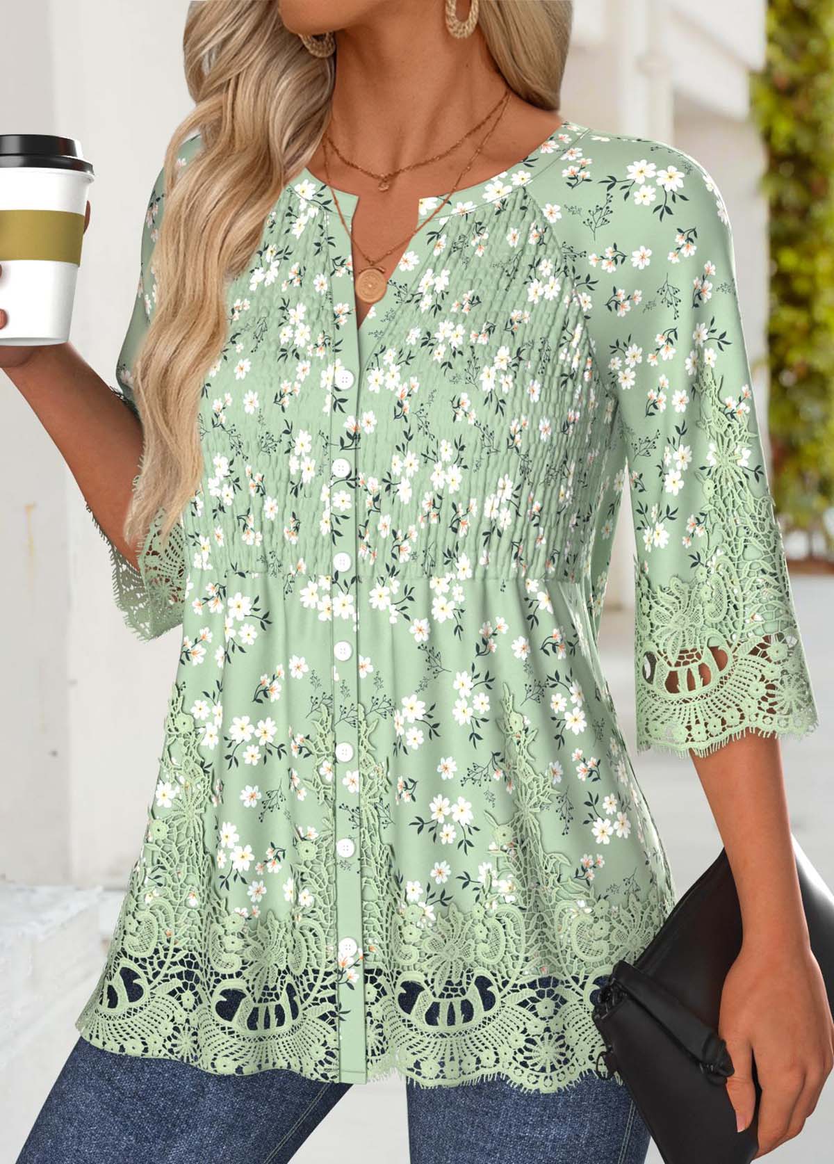 Light Green tops,Floral tops,Plants tops,ROTITA Floral Print Light Green Split Neck 3/4 Sleeve Blouse