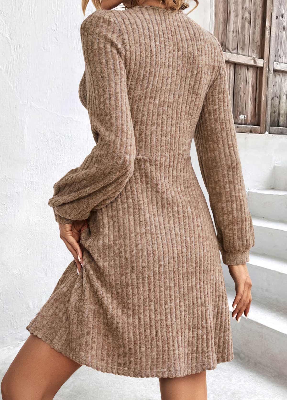 Light Coffee dresses,Plain Color dresses,Everyday dresses,Casual dresses,ROTITA Patchwork Light Coffee V Neck Long Sleeve Dress