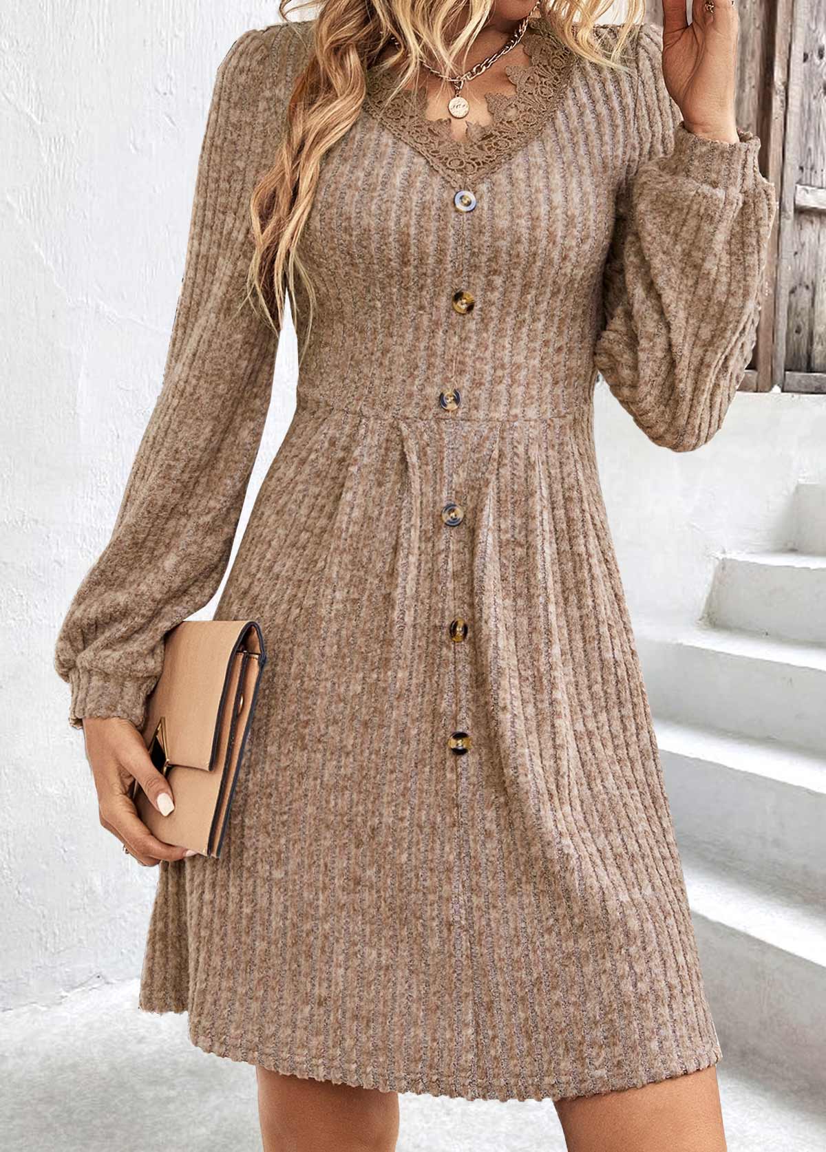 Light Coffee dresses,Plain Color dresses,Everyday dresses,Casual dresses,ROTITA Patchwork Light Coffee V Neck Long Sleeve Dress