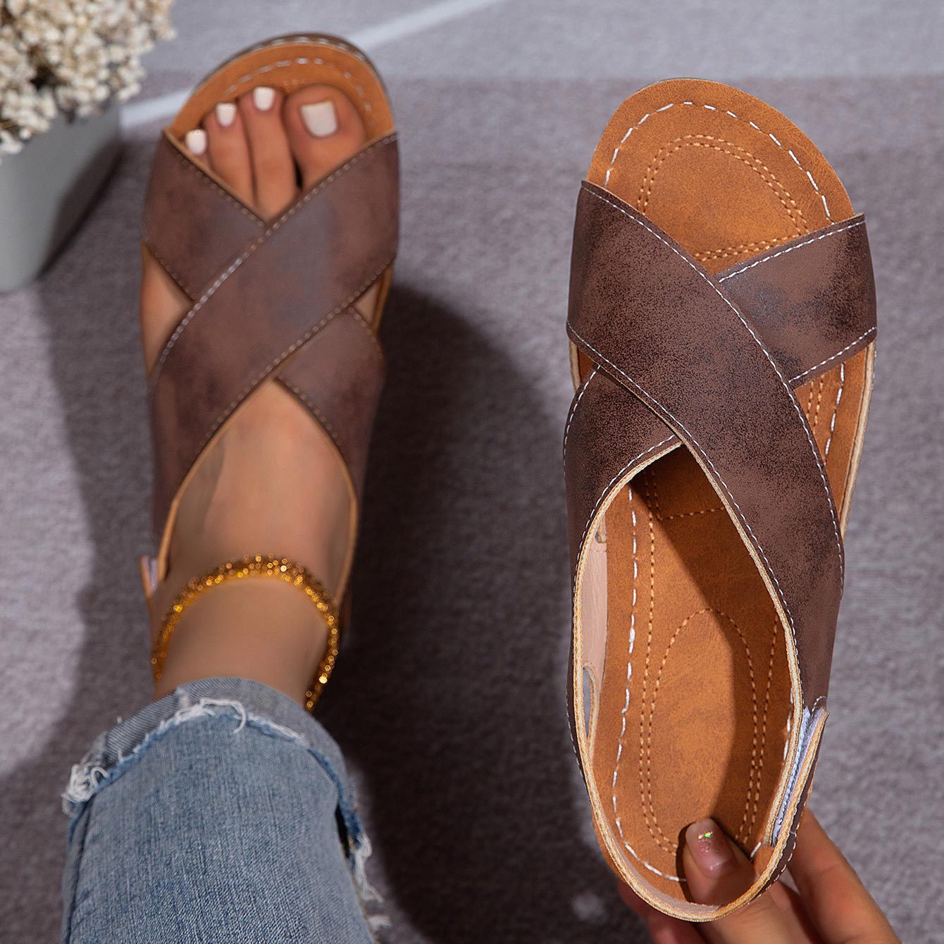 Dark Coffee shoes,Plain Color shoes,Dark Coffee Low Heel Peep Toe Sandals